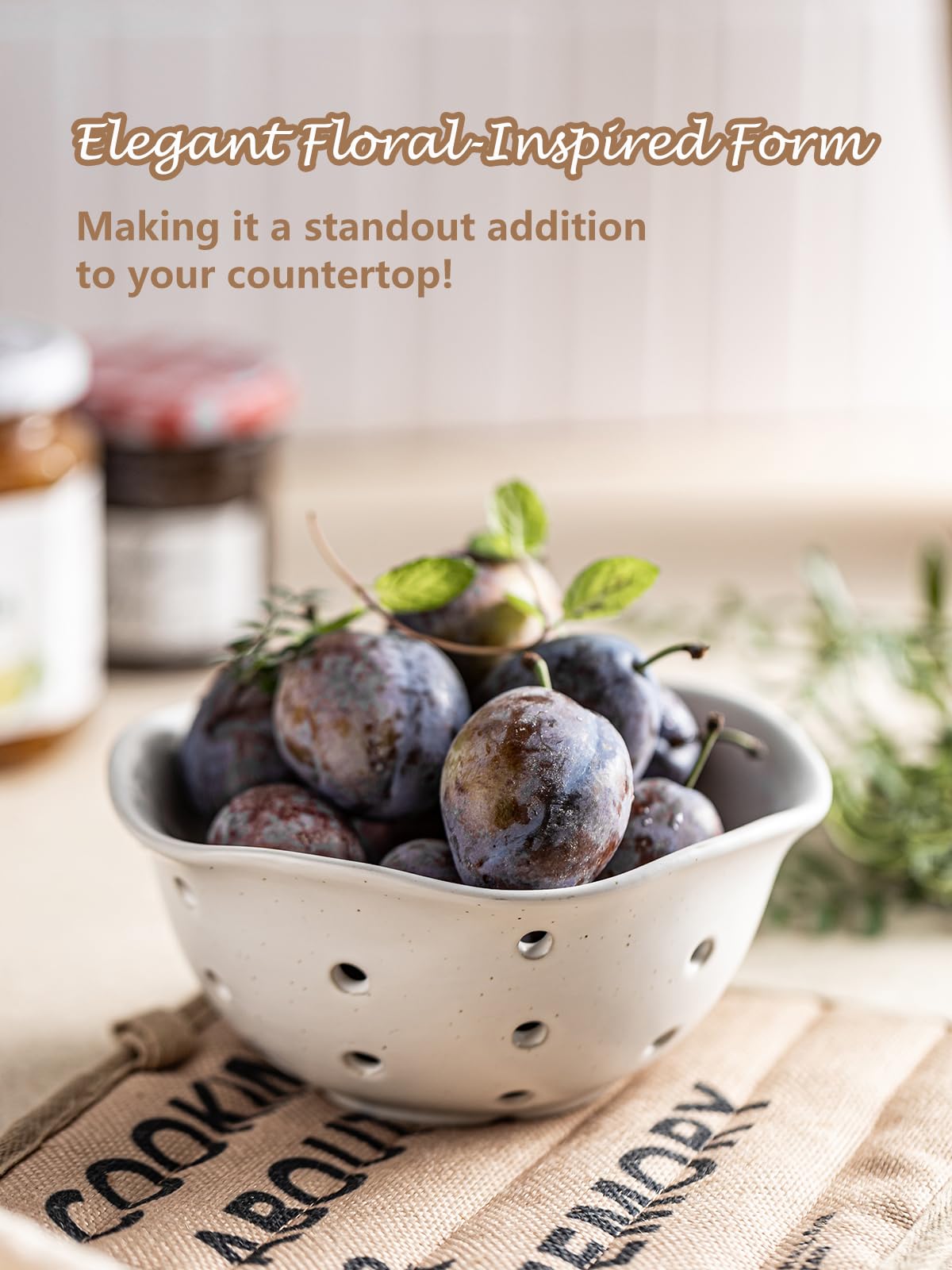 Gomakren Ceramic Berry Basket Set of 2, Rustic Fruit Basket Container 6 Inch, Fruit Bowl with Holes for Kitchen, Berries, Strawberry, Grape, Cherry, Floral Shape - Cream White