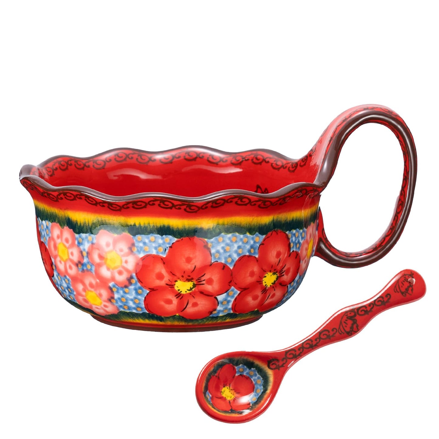 silesia Handmade Ceramic Soup Bowl with Spoon, 30 Oz Hand Painted Bowl with Loop Handle, Floral Design Cereal Bowls for Soup, Ice cream, Snack, Microwave & Dishwasher Safe (Glazed Red)