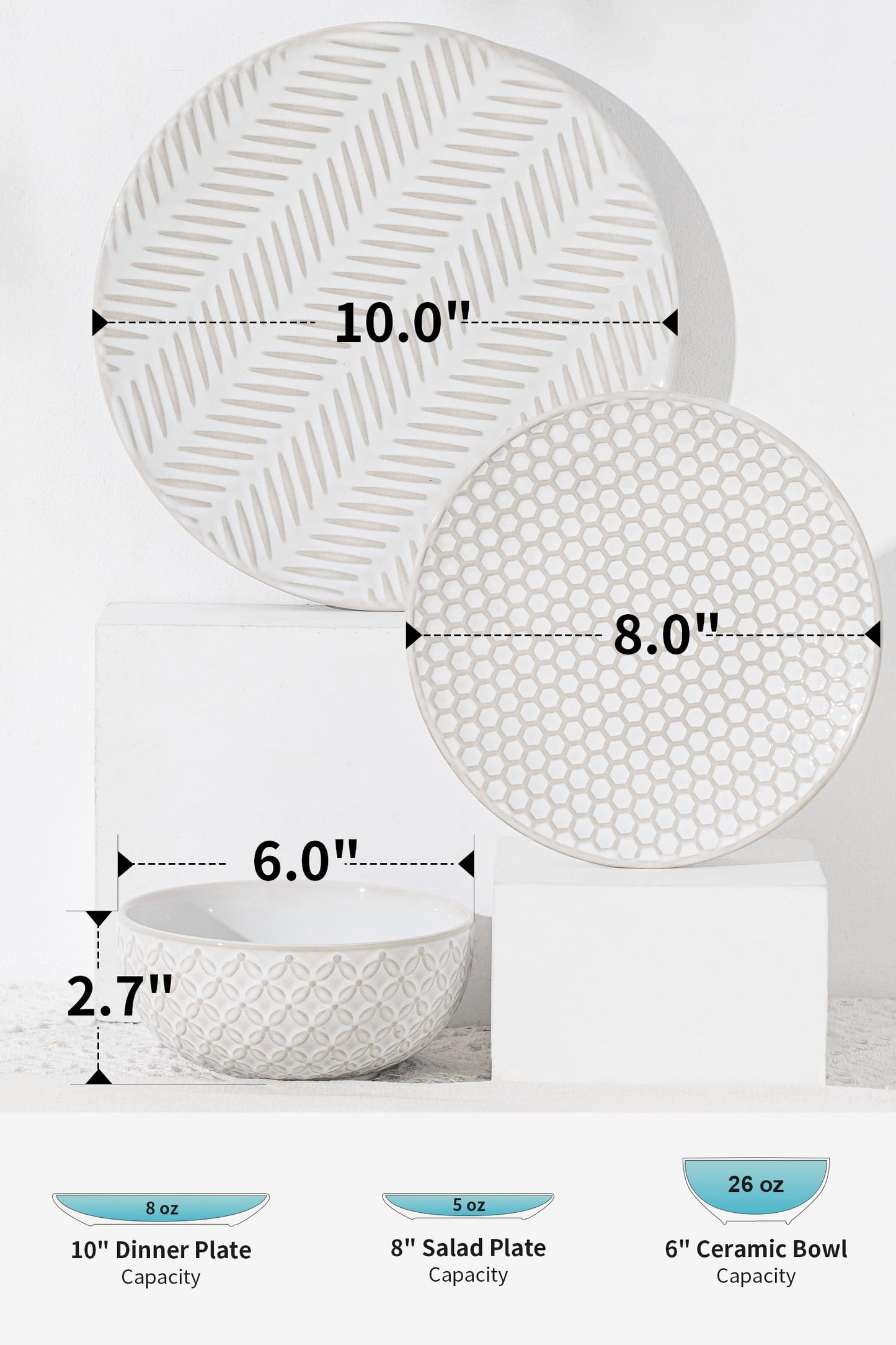 FOBENTA 12 Piece Embossed Dinnerware Sets for 4, Elegant Plates and Bowls Sets, Microwave & Dishwasher Safe, Stoneware for Stylish Home Dining–Perfect Housewarming Gift for Busy Families & Hostesses