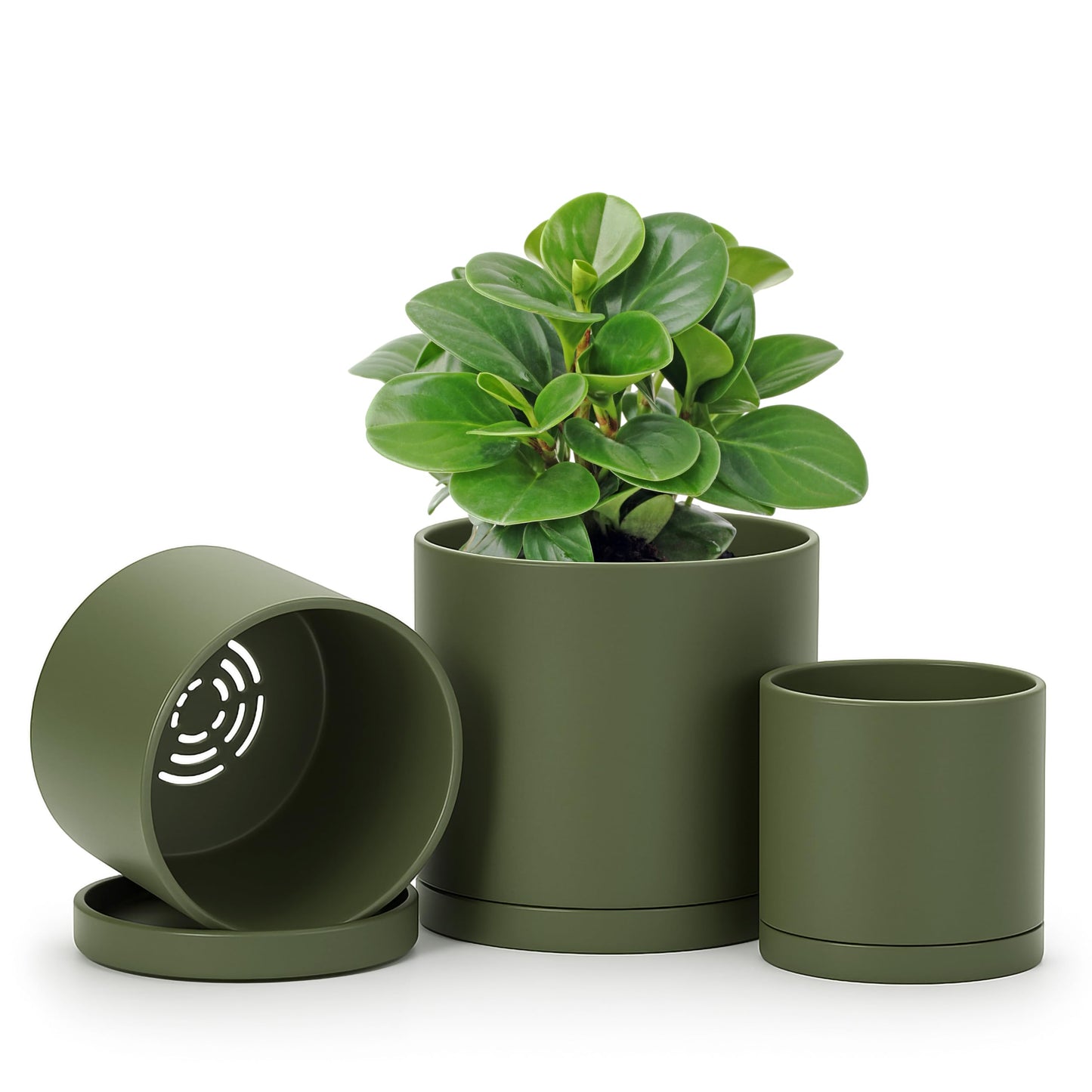 D'vine Dev 4 Inch 5 Inch 6 Inch, Set of 3 Plastic Planter Pots for Plants with Drainage Hole and Seamless Saucers, Olive, Small, 74-V-I-1