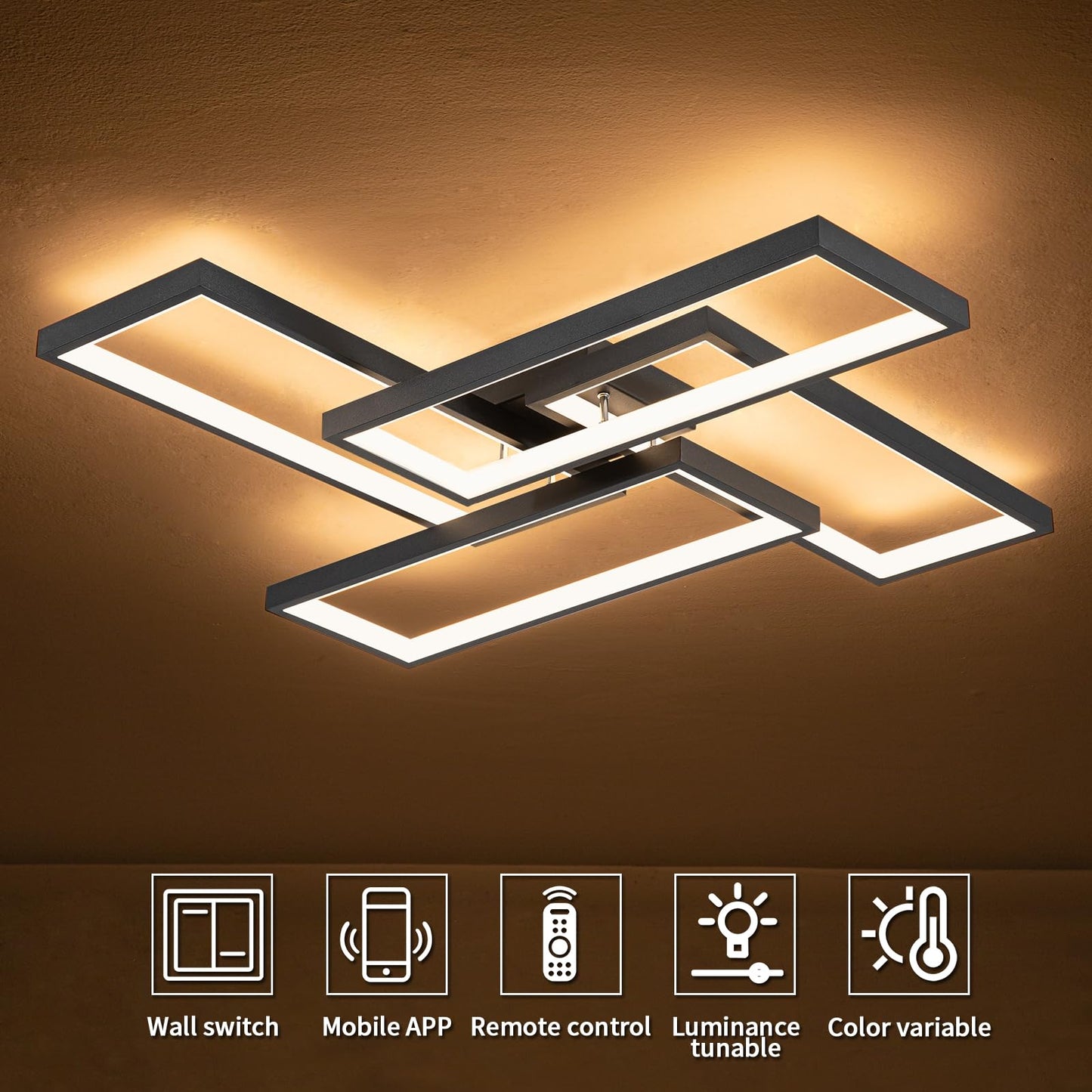 Shine LUEST Modern LED Ceiling Lights for Bedroom 26" Dimmable Square Ceiling Lights for Living Room with Remote Control Black Bedroom Light Fixture for Kitchen,Bathroom,Balcony