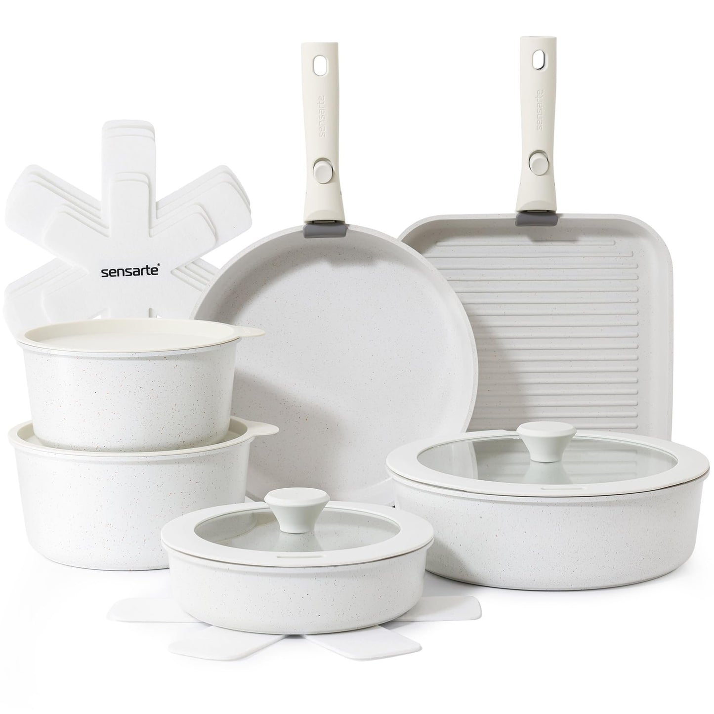 SENSARTE 17 Piece Pots and Pans Set, Nonstick Detachable Handle Cookware Set, Induction Kitchen Cookware Set with Removable Handle, Healthy Non Stick for RV, Dishwasher ＆ Oven Safe, PFOA Free (White)