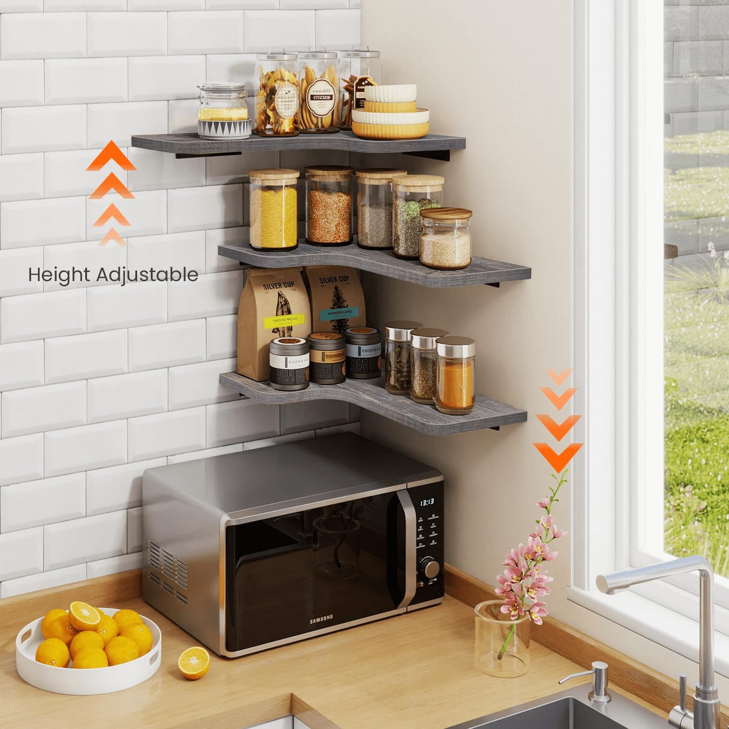 Homode Corner Shelves Wall Mounted, Set of 3 Floating Corner Shelves with Cord Hole, 3 Tier Wooden Hanging Shelves for Storage and Display, for Bathroom Kitchen Living Room, Rustic Grey