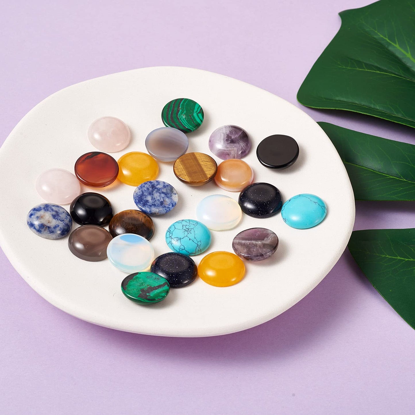 Fashewelry 24pcs 20mm Healing Crystal Gemstone Cabochons Assorted Round Flatback Natural & Synthetic Energy Stone Cab Covers No Hole for Jewelry Craft Bracelet Necklace Making