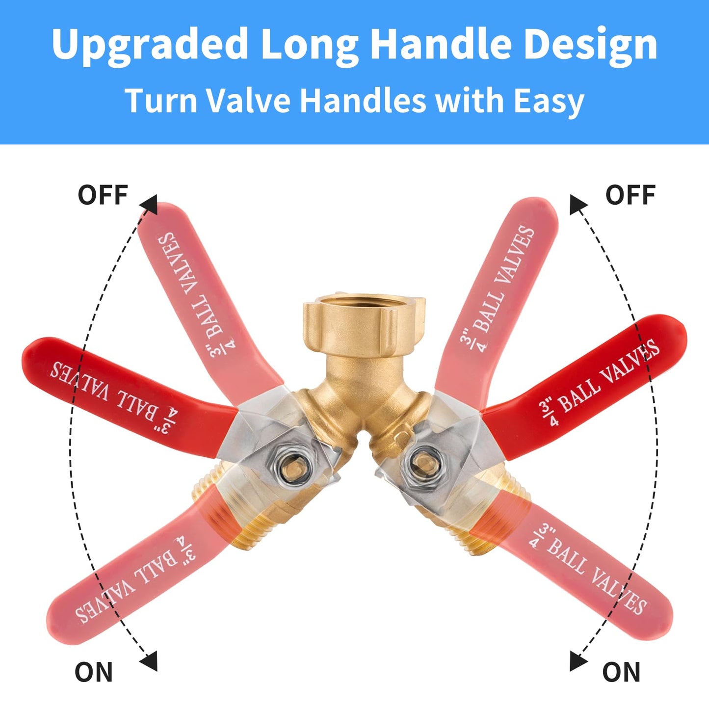 Garden Hose Splitter 2 Way Heavy Duty, Solid Brass Faucet Splitter with Shutoff, Outdoor Full Flow Y Valve Water Hose Splitter Adapter With Long Handle 3/4" GHT Thread