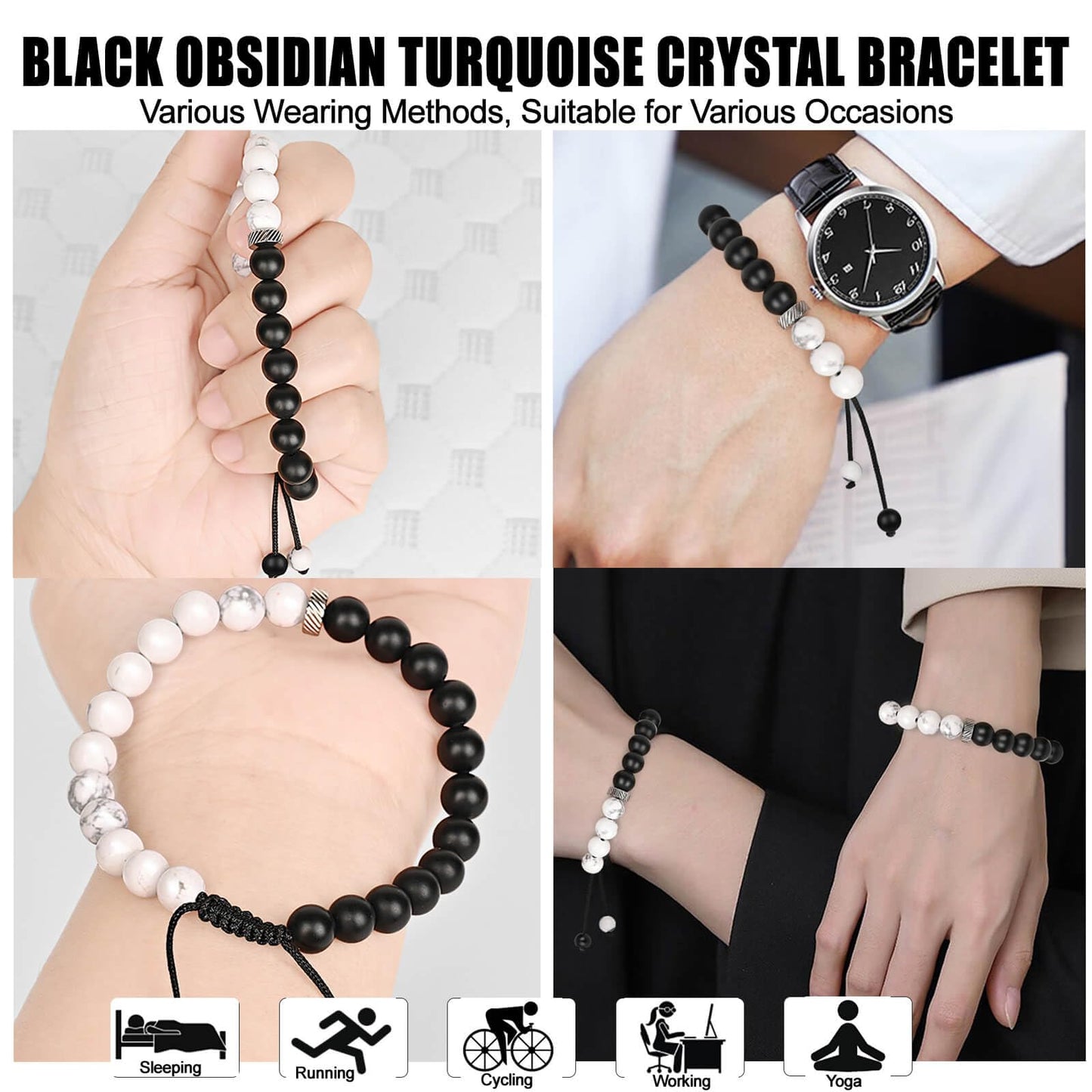 Black Obsidian White Stone Protection Bracelets, Black Obsidian Agate Men Women Crystal Bead Bracelet for Courage, Money Wealth Prosperity Handmade Good Luck Energy White Quartz Stone Bracelets