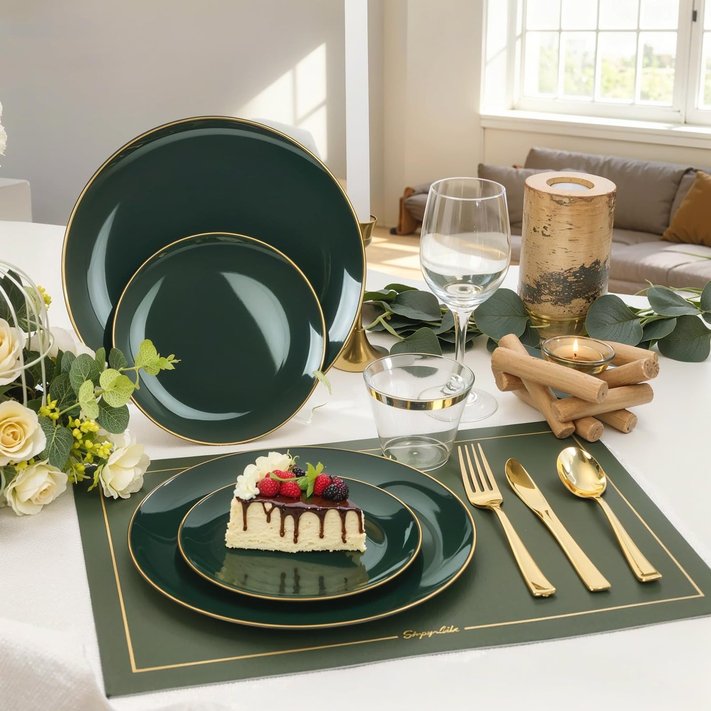 WDF 300Pcs Green Plates Disposable - Heavy Duty Green Plates - 50Guest Green Plastic Dinnerware Include 50 Dinner Plate, 50 Dessert Plate, 150 Cutlery & 50 9oz Cups for Parties/Wedding/Party