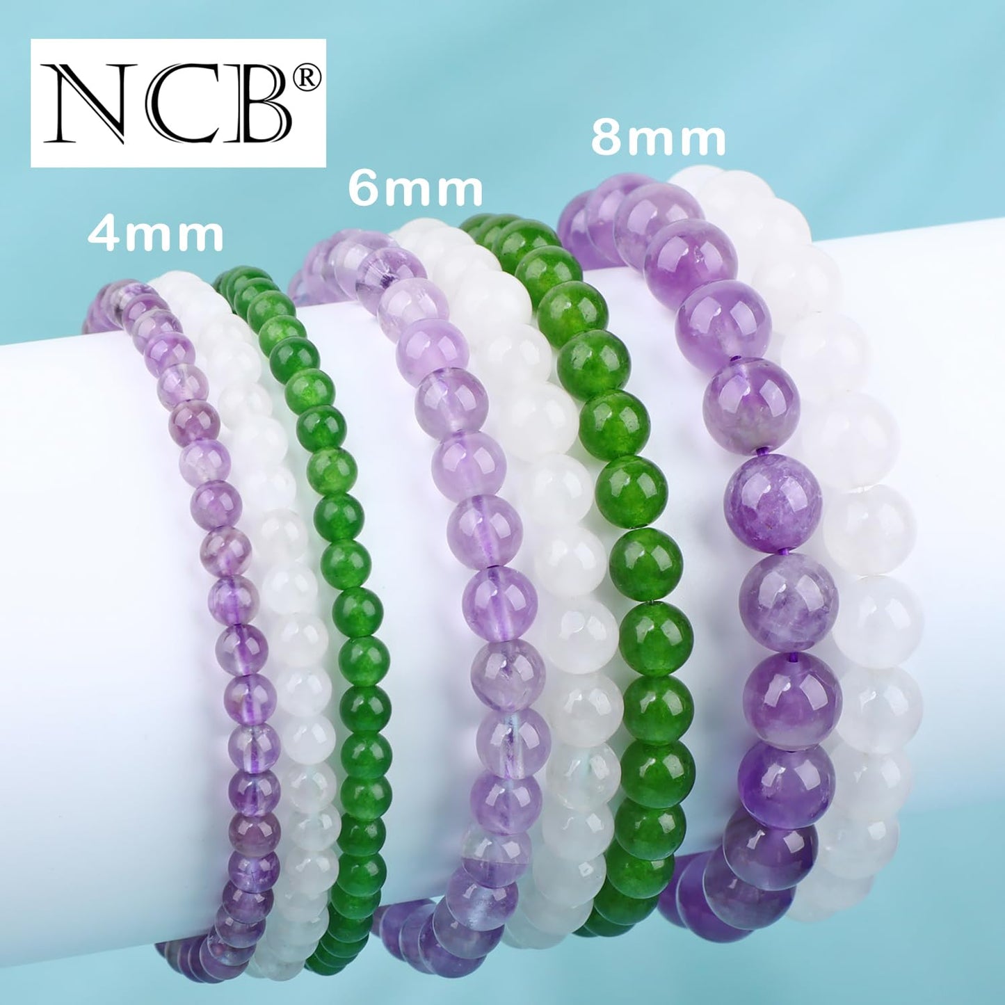 NCB 3-Piece 8mm Natural Crystal Gemstone Stretch Bracelets – ﻿Amethyst, Green Jade, White Jade Handmade Reiki Energy Healing Jewelry for Meditation,Yoga, Unisex