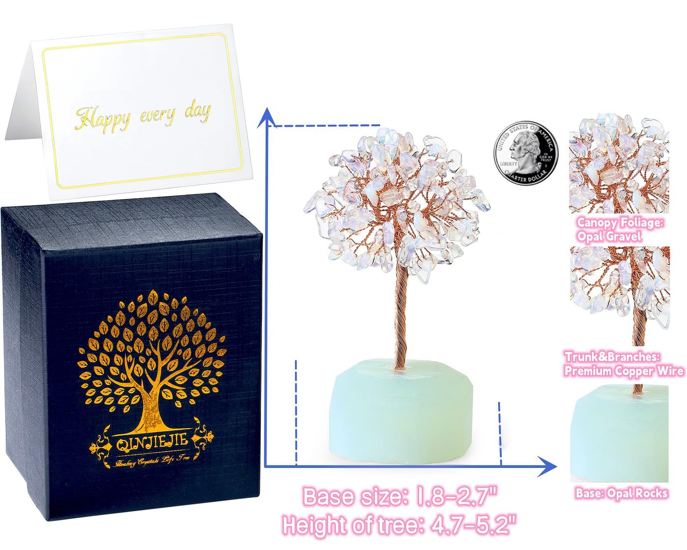 QINJIEJIE Opal Healing Crystals Tree of Life Decor - Natural Crystal Stone Reiki Gemstone White Opalite Base Copper Wire Home Office Decorations Spiritual Feng Shui Gift