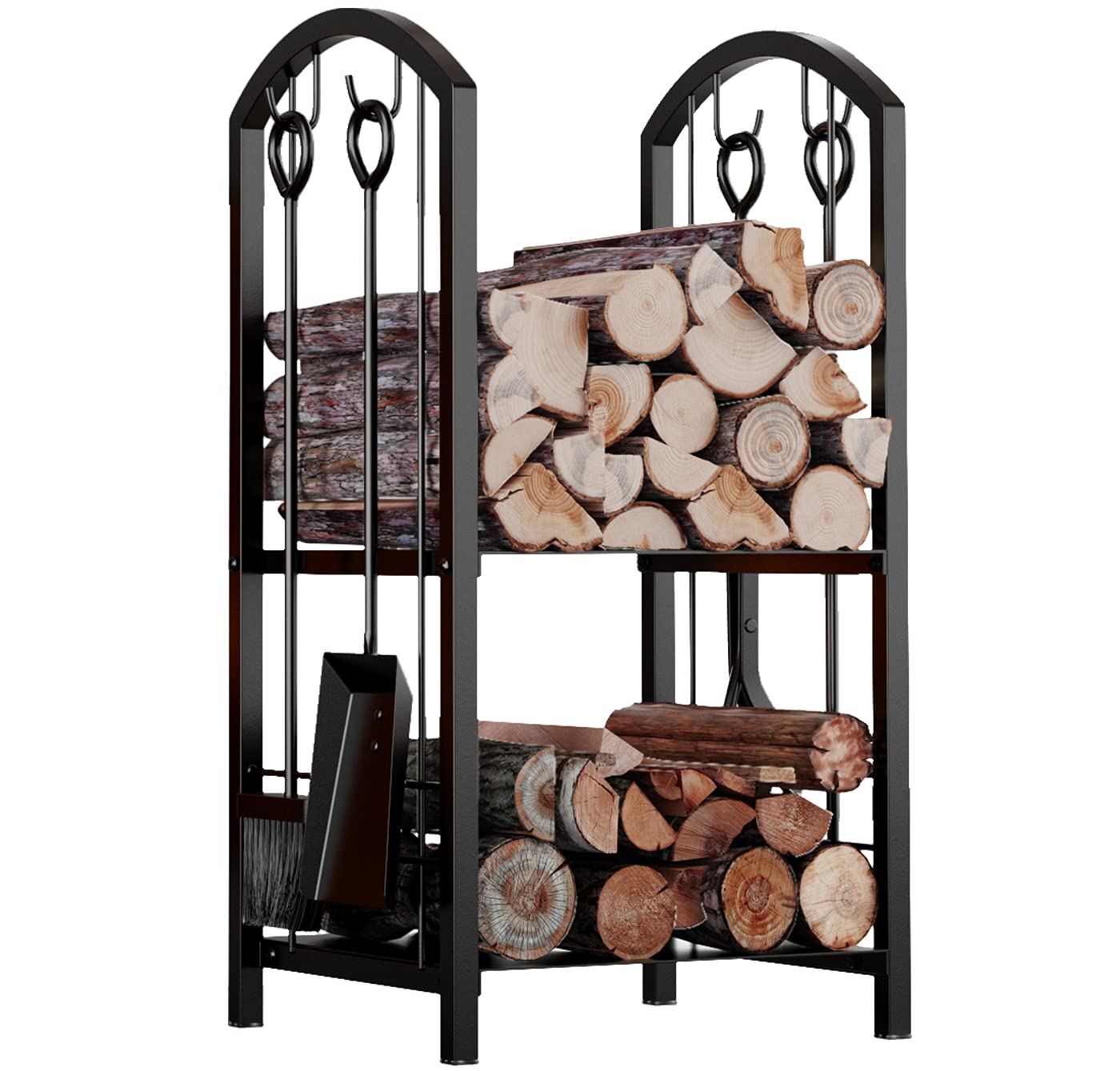 Fire Beauty Fireplace Firewood Log Rack 5-Piece Storage Logs Holder with Tools Set with 4 Tools Set Fireside Holders Wood Lumber Storage Stacking Black