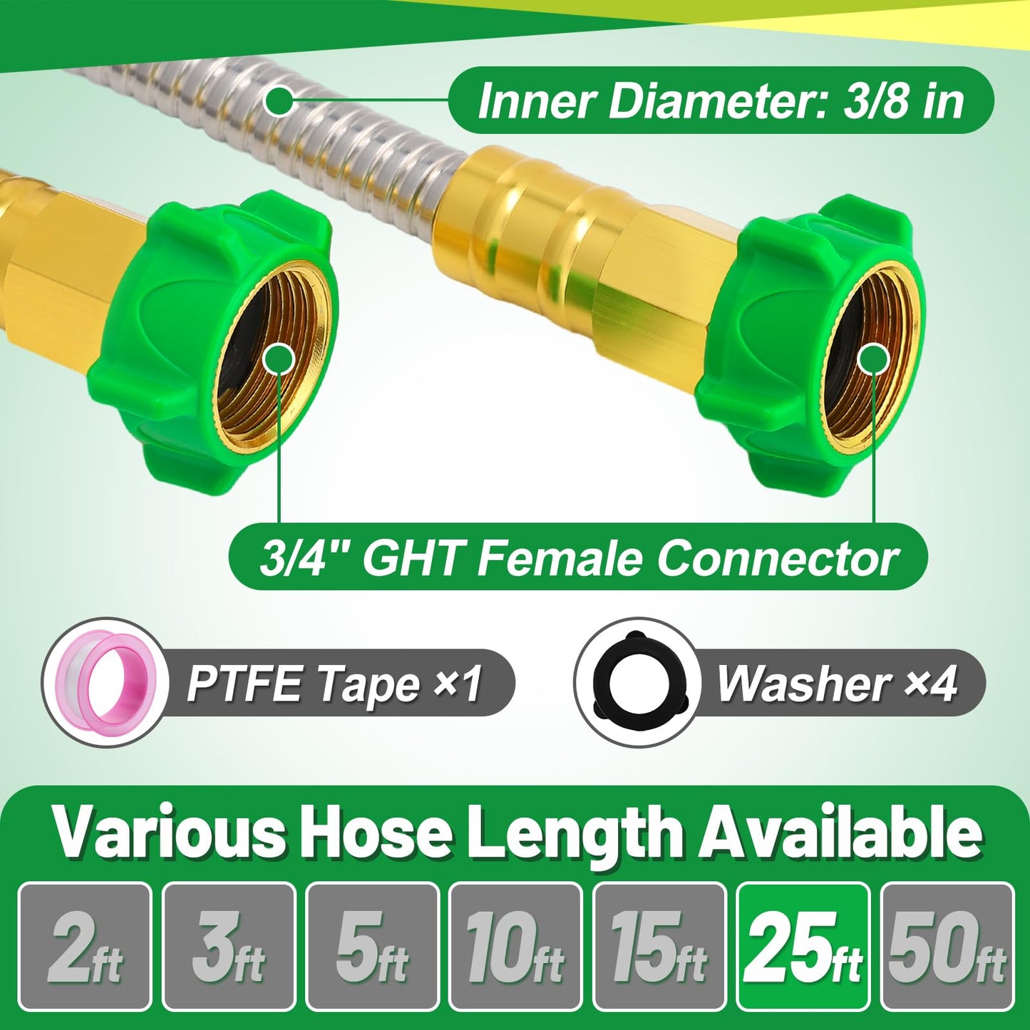 Garden Hose with Female to Female Connector - 25ft Metal Leakproof Leader Hose for Reel, Heavy Duty 304 Stainless Steel Flexible Water Pipe for Outdoor Garden Watering Car Pet Cleaning