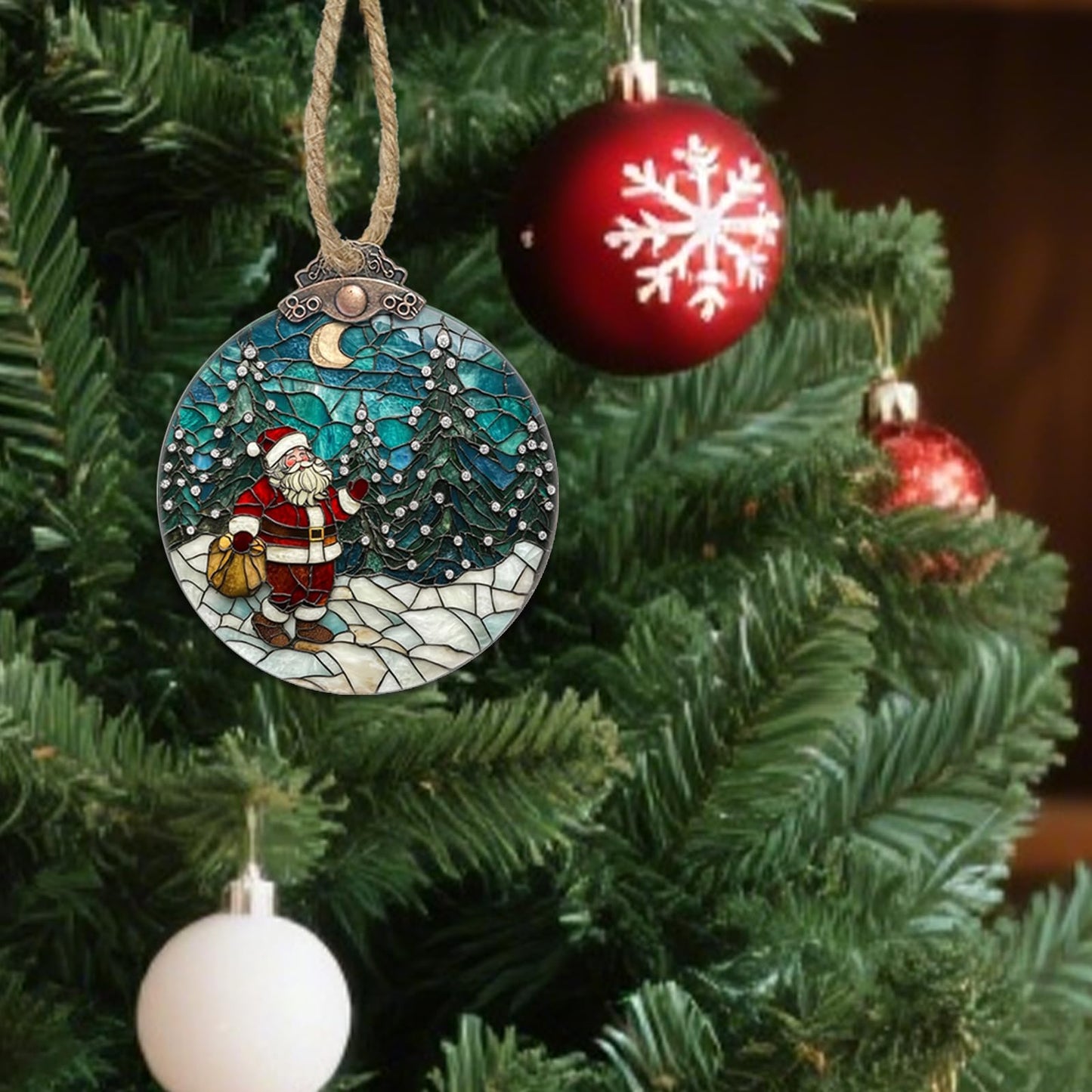 AMDERVEN Stained Glass Christmas Decorations, Santa Claus Giving Gifts Suncatcher for Window Christmas Tree Hanging Ornaments Snow Scene Sun Catcher Xmas Decor Gifts for Women Men Mom Nana Friend