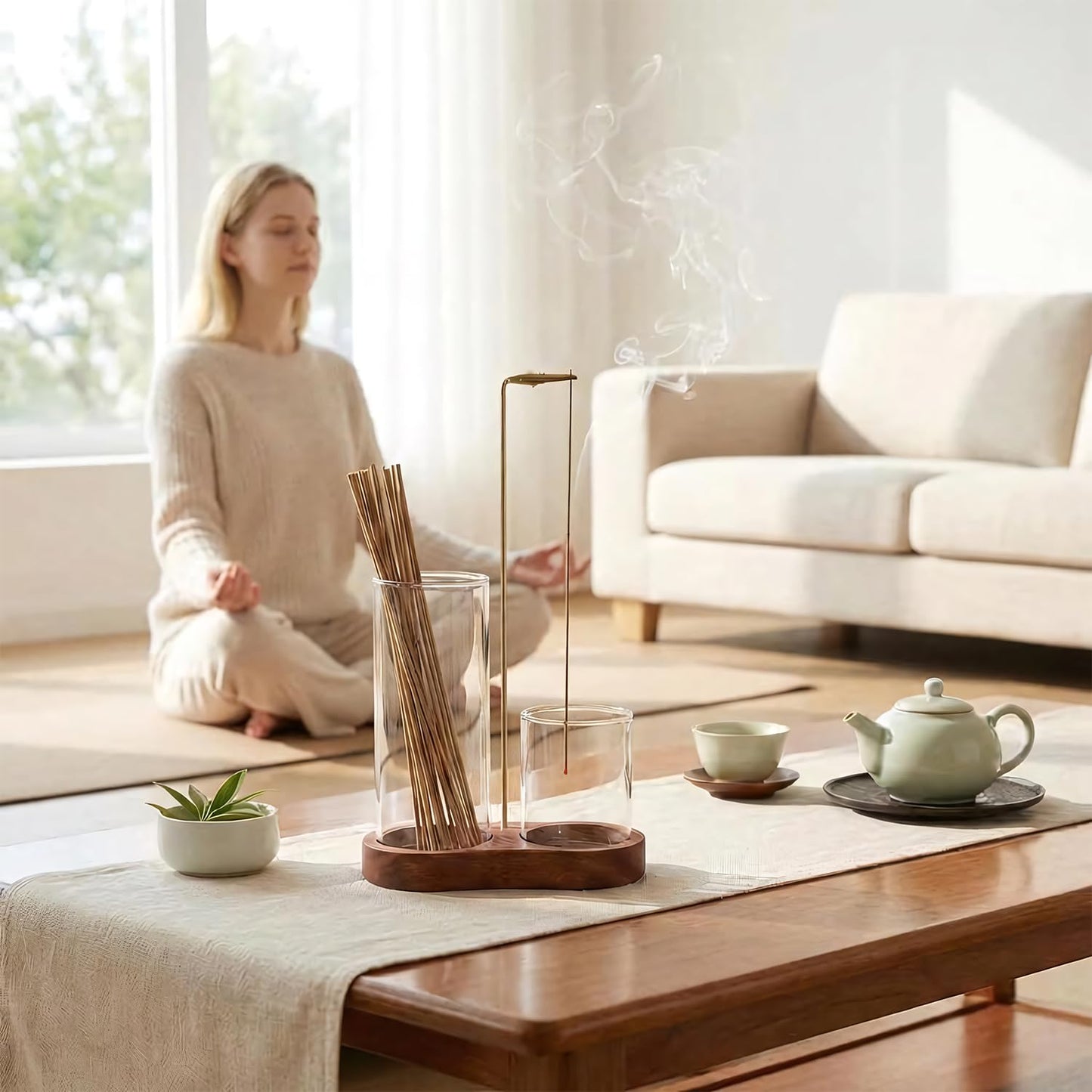 Incense Holder for Sticks with Glass Ash Catcher - Upside Down Anti-Ash Flying Incense Burner & Stick Storage Organizer, Ideal for Meditation, Yoga, Zen Home Decor, Spa Relaxation Gift (Natural Wood)