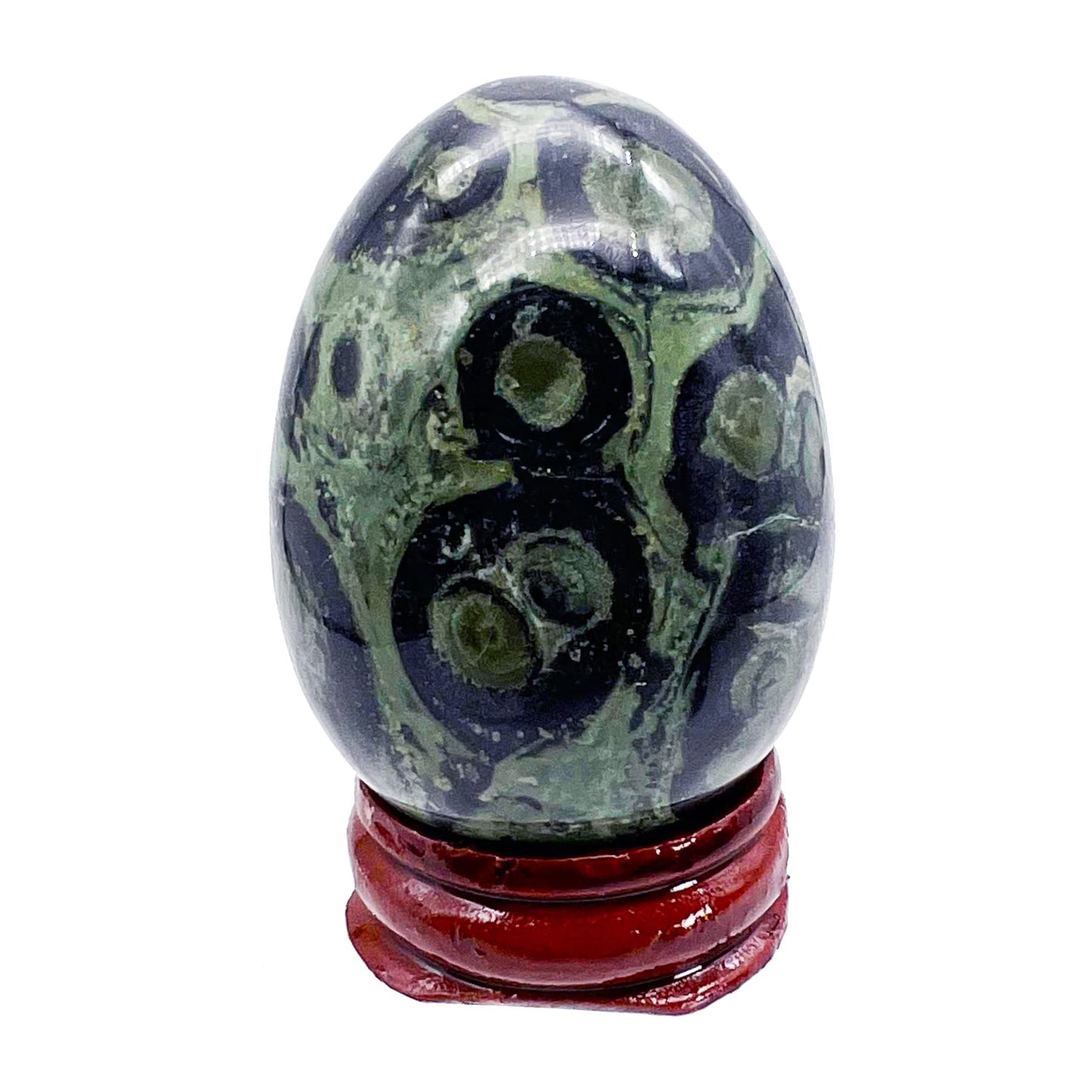 Fekuar Stone Egg Figurine, Polished Healing Crystal Easter Eggs Sphere Sculpture with Wood Stand, Natural Green Kambaba Jasper, 1.8"
