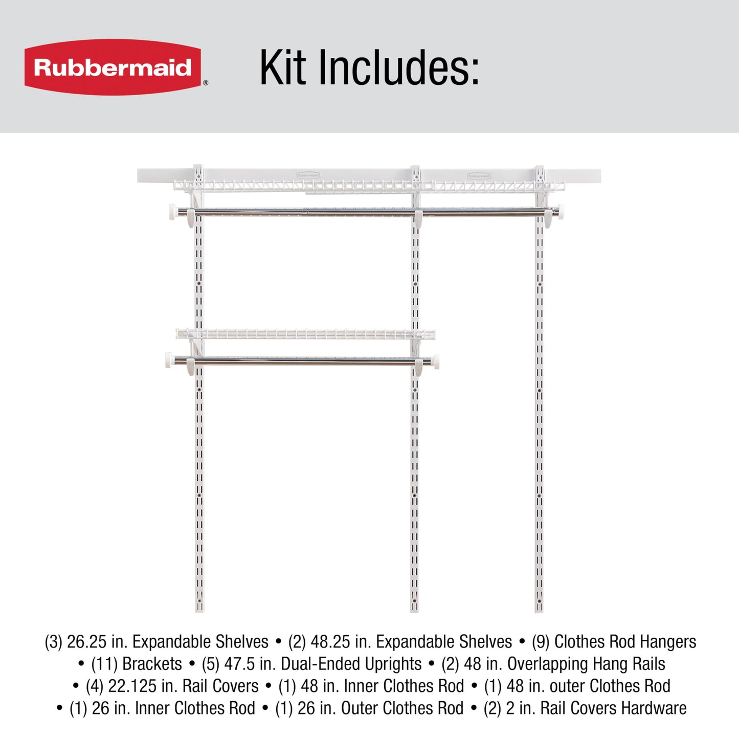 Rubbermaid Configurations Custom Closet Kit 3-6 Ft. Adjustable Metal Wire Shelving White Finish Expandable Organization System Hardware Included for Home Closet/Pantry/Laundry/Mudroom