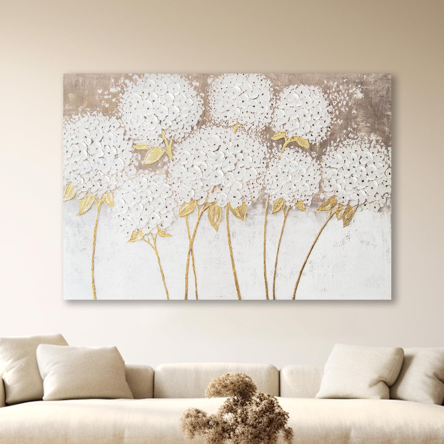 JolyWell Large hand painted wall art White Hydrangea Canvas Wall decor, Modern Floral Wall Decor, 3D Textured Oil Painting, Large Canvas Wall Art for Living Room Bedroom Office Decoration 40x28 Inch