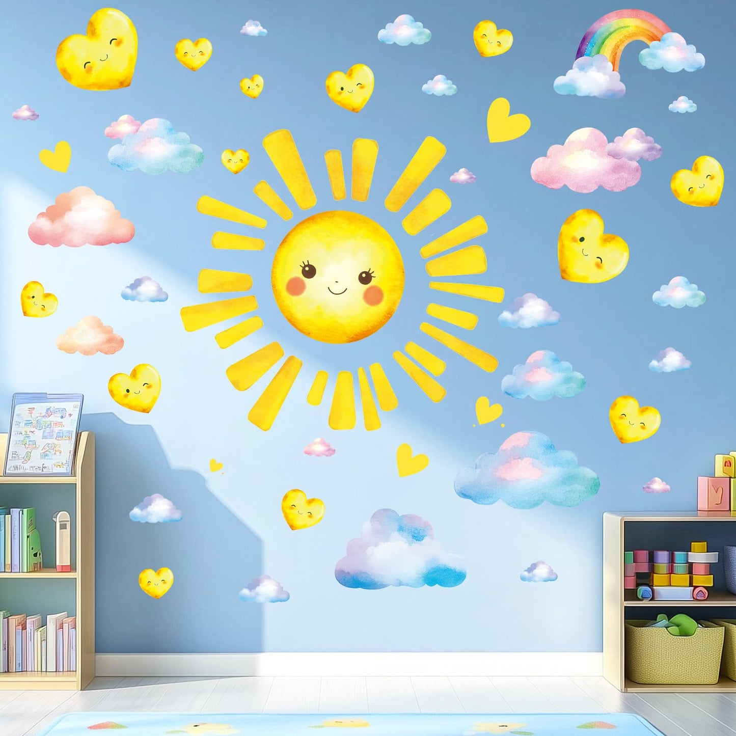 SHUCHING Large Sun Wall Sticker Peel and Stick, Vinyl Cloud Heart Wall Decal, Wall Decor for Kids Bedroom Nursery Playroom