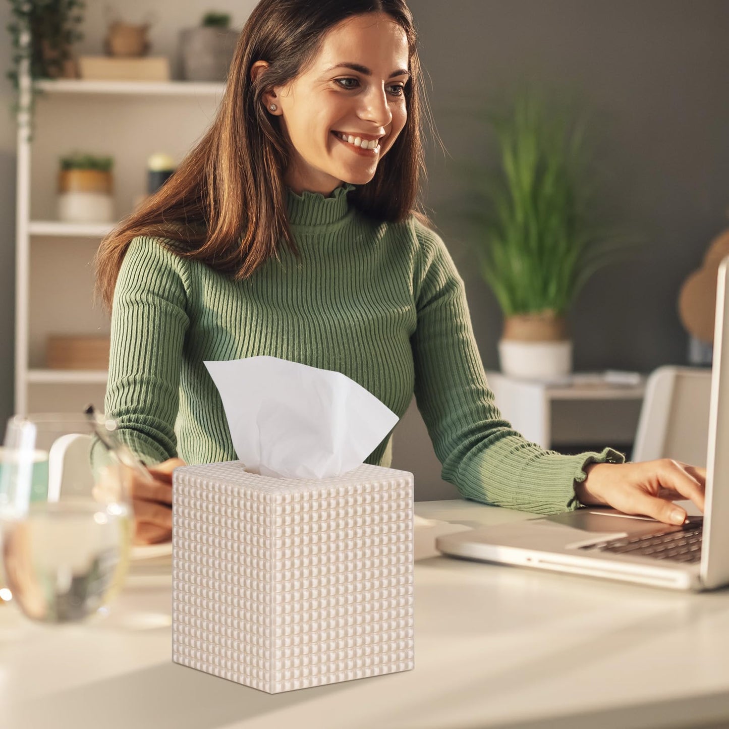 Tissue Box Cover, Square Modern Facial Acrylic Tissue Holder, Aesthetic Cube Napkin Dispenser Accessories for Bathroom Vanity Countertop, Night Stand, Office Beige