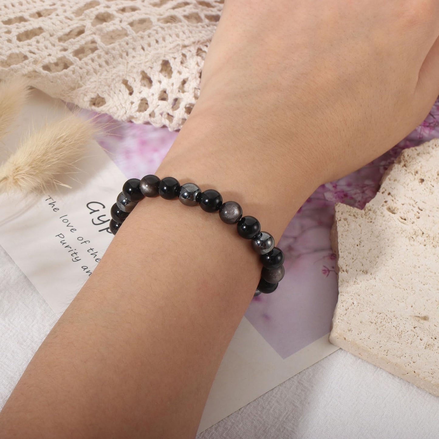 AULSIEY Hematite Black Tourmaline Obsidian Bracelet for Men, Triple Empath Protection Bracelet Gifts for Women, Protection Healing Crystal Bracelets, Evil Eye Jewelry Bracelets Mental Health-8mm