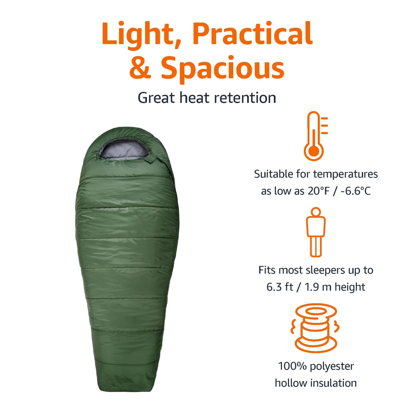 Amazon Basics 20°F Cold Weather Mummy Sleeping Bag for Hiking, Outdoor Camping with No-Snag Zipper, Portable, 82" x 33", Olive Green