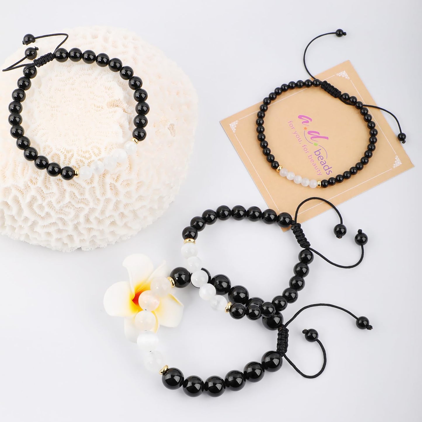AD Beads 8mm Black tourmaline + Selenite Crystal - Double protection - Handmade Natural Stone Crystal Bracelet with Adjustable Macrame String - Yoga Healing Power Energy Gifts for Men and Women
