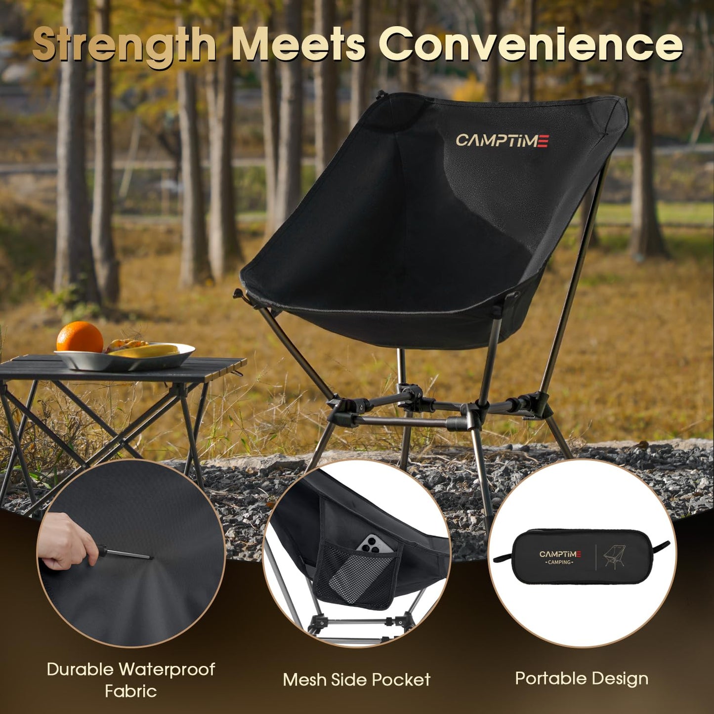 Camptime Portable Camping Chair Plus, Larger & Roomier, Compact and Lightweight, Folding Chair for Backpacking & Hiking, 330Lbs Capacity, Black