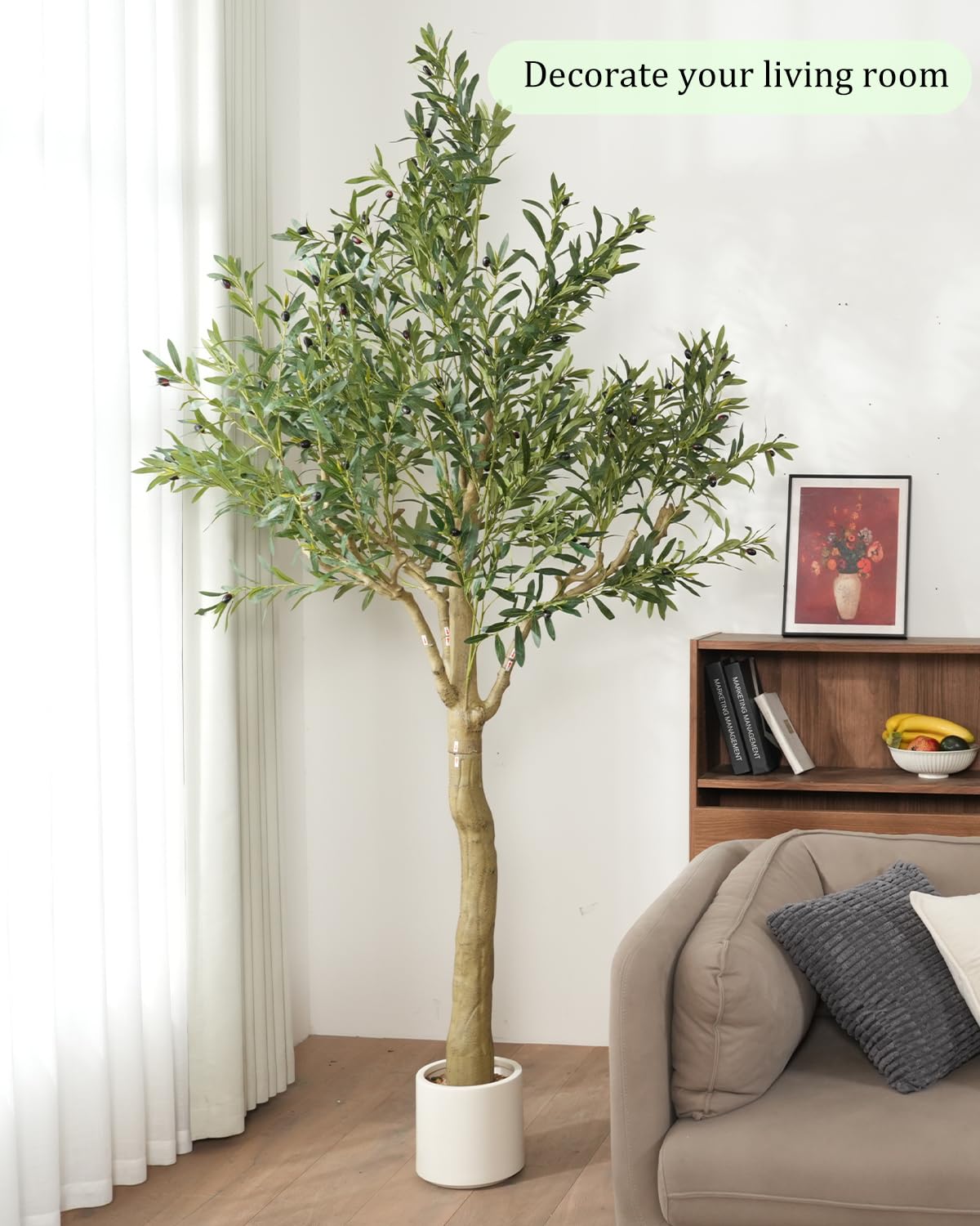 Sillaff Olive Tree 8FT Fake Tree Large Artificial Tree Indoor Faux Plants with Pot, Nearly Natural Olive Branches and Fruits for Living Room Home Office Decorations