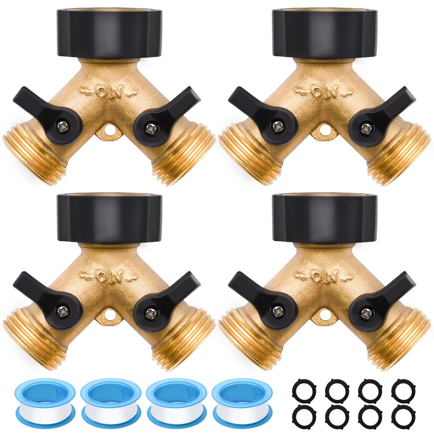 4 Pack Hose Splitter, 2 Way Heavy Duty Brass Garden Hose Splitter, for 3/4" Hose Connector, Brass Garden Hose Manifold with Rubber Washers & Tapes
