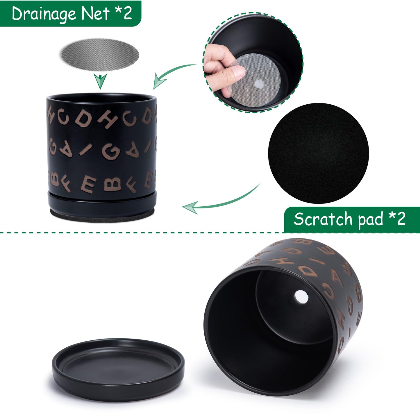 D'vine Dev Set of 2 Ceramic Planter Pots with Drainage Hole and Saucer, 6 Inch Plant Pots for Plants Indoor Houseplants, Black, 99-Z-G-2-Y