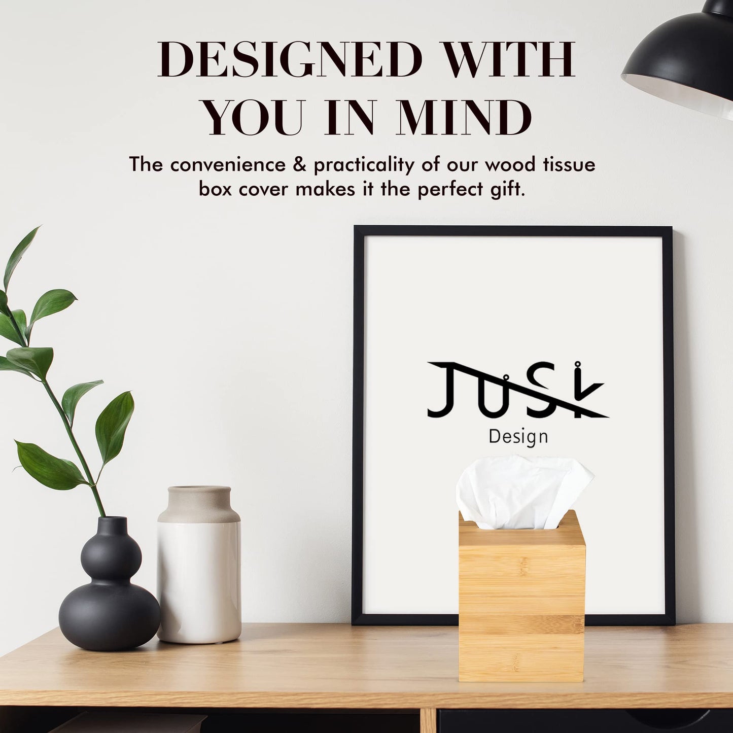 JUSK Design Tissue Box Holder - Modern, Minimalist, Durable Wooden Bamboo Box with Sliding Bottom, Easy-Refill - Premium-Quality Bamboo Cover, Square