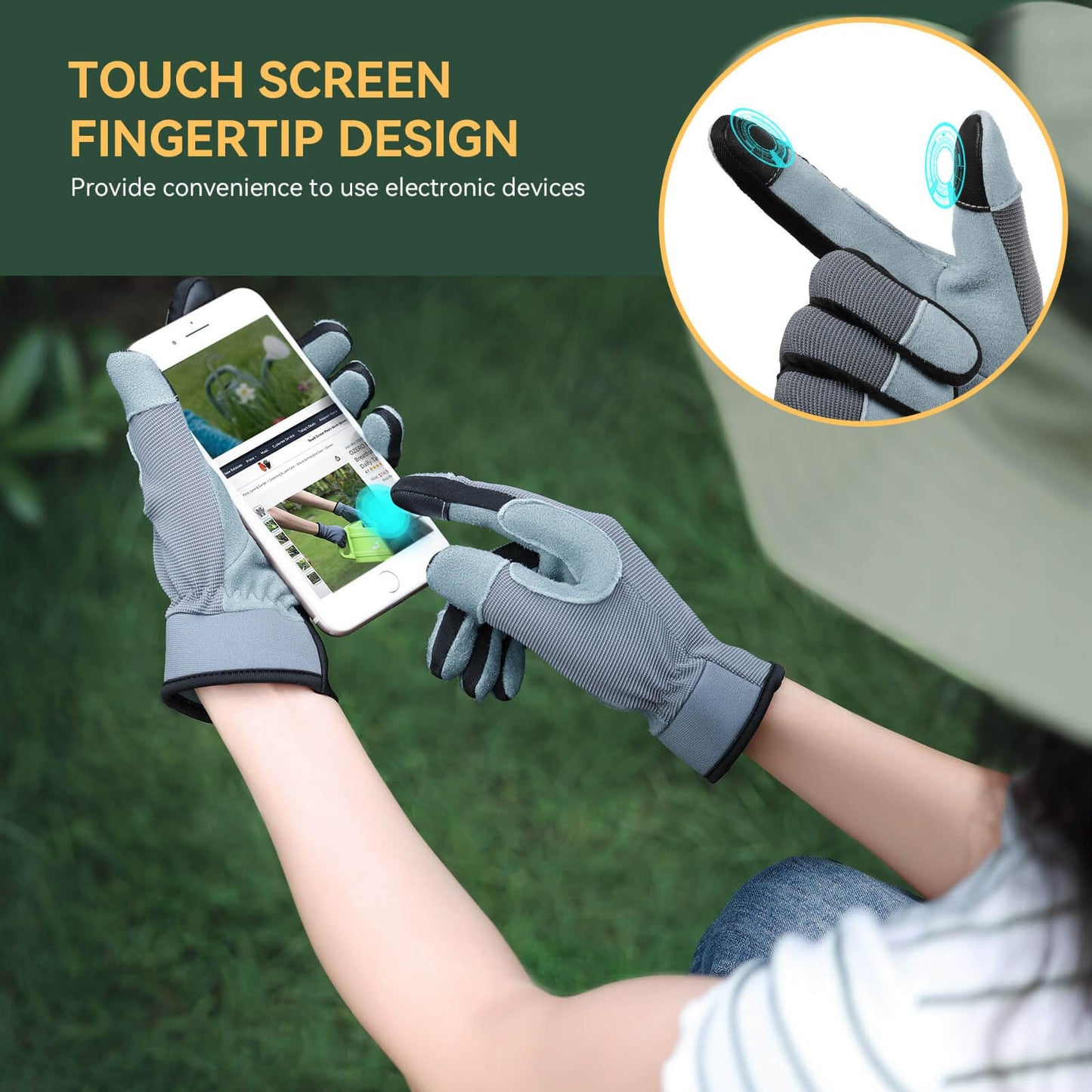 OZERO Leather Work Gloves for Women, Deerskin Garden Gloves, Touchscreen Thumb & Index, EN388 3133X Palm, Breathable Back for Gardening, Yard Work, Driving (Large)