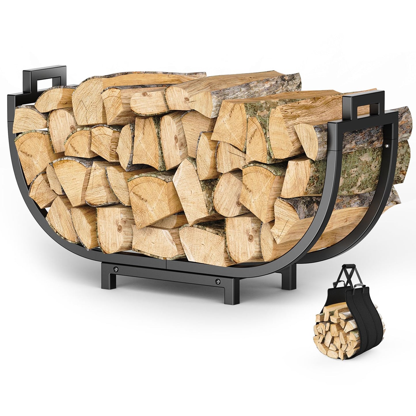 Elbourn Firewood Rack, 24 Inch Indoor Fireplace Log Holder with Carrier, Thickened Metal Rustproof Wood Storage Rack