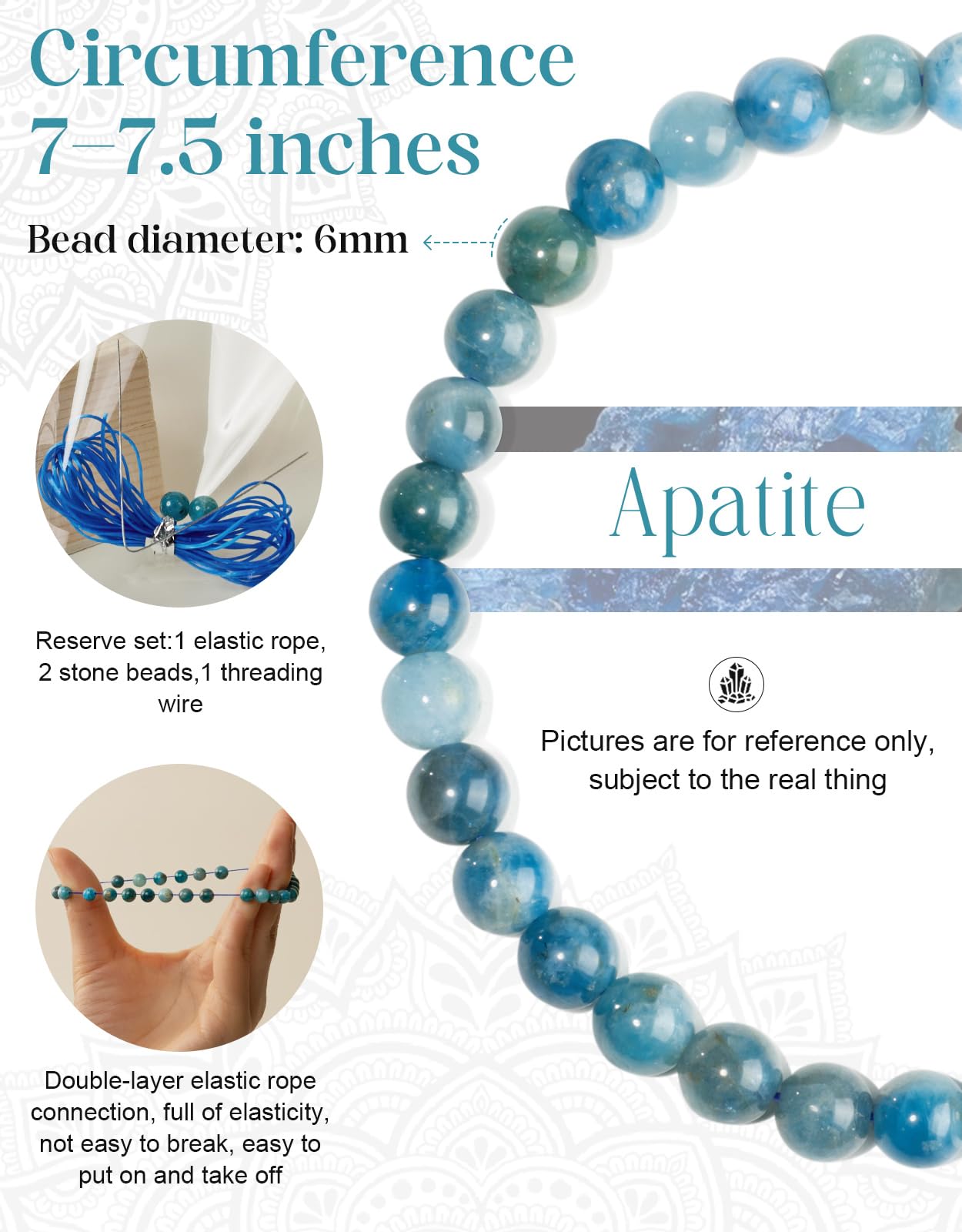Landorilo Beaded Bracelet for Men Women, 6mm Natural Stone Apatite Healing Crystal Stretch Bracelets, Ideal Christmas Birthday Jewelry Gifts with Energy Card，Replacement Beads Included