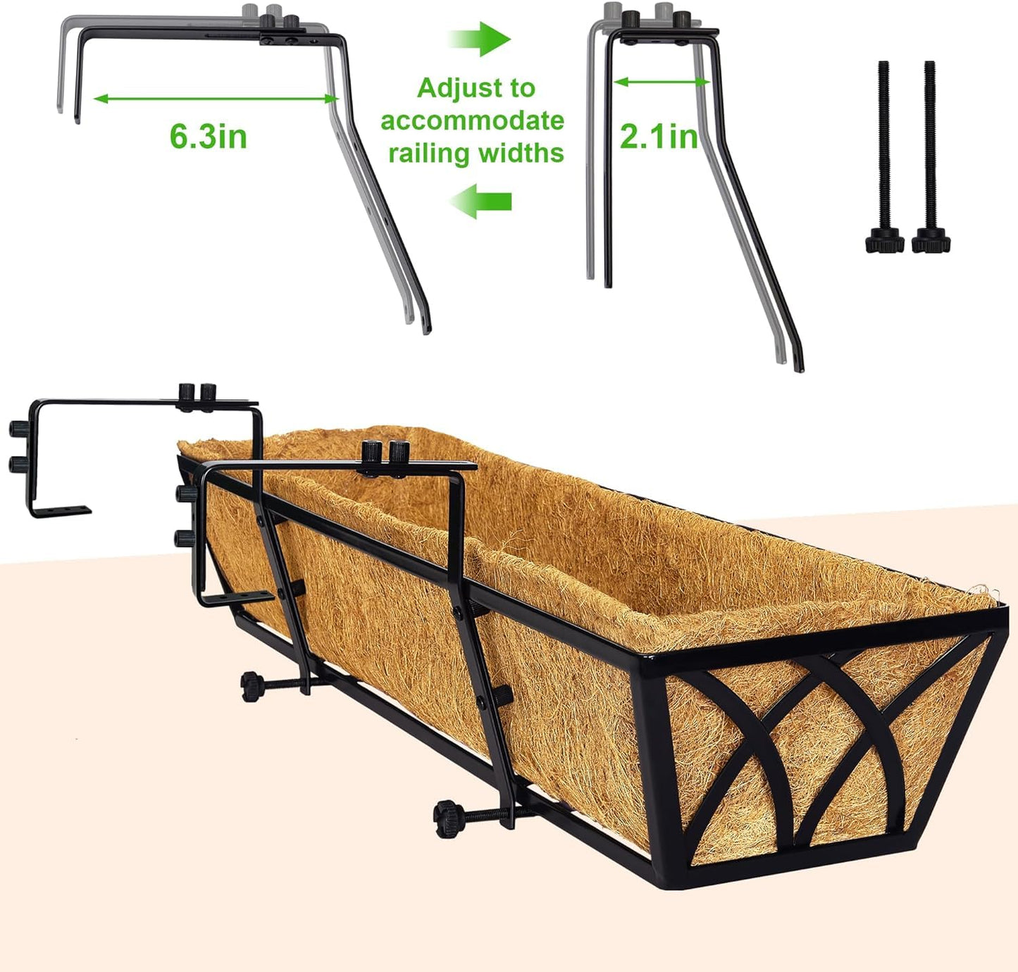 Y&M 4pcs 24 Inch Planter, Metal Window Boxes with Coco Liner, Indoor Outdoor Hanging Flower Planter for Garden, Lawn, Balcony, Porch, Fence, Patio Rail