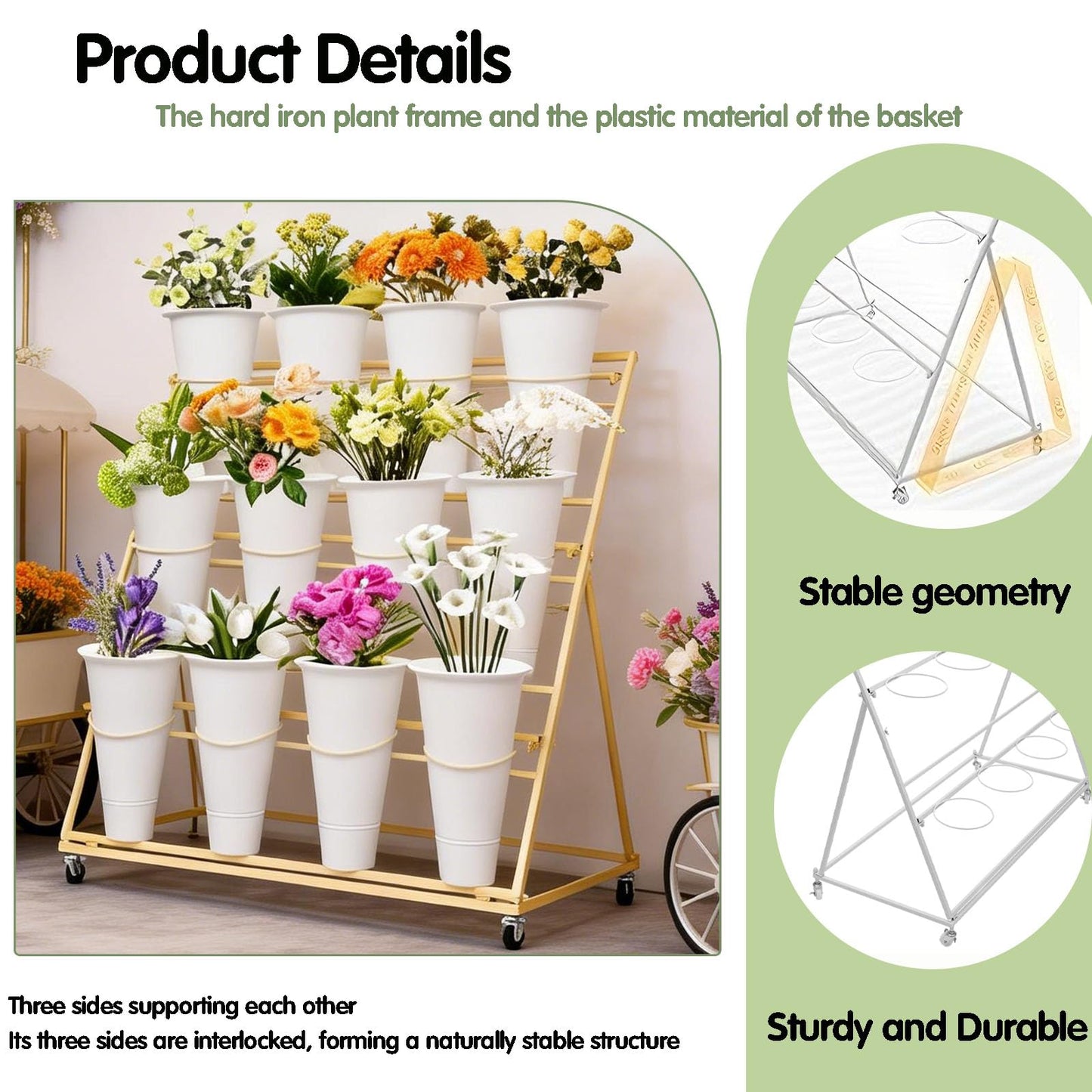 Flower Display Stand with 12 Buckets, 3 Layers Flower Bar Cart with Wheels, Metal Flower Plant Stand, Moving Florist Bouquet Shelf, for Outdoor Indoor Garden Patio Florist Weddings (A-Black)
