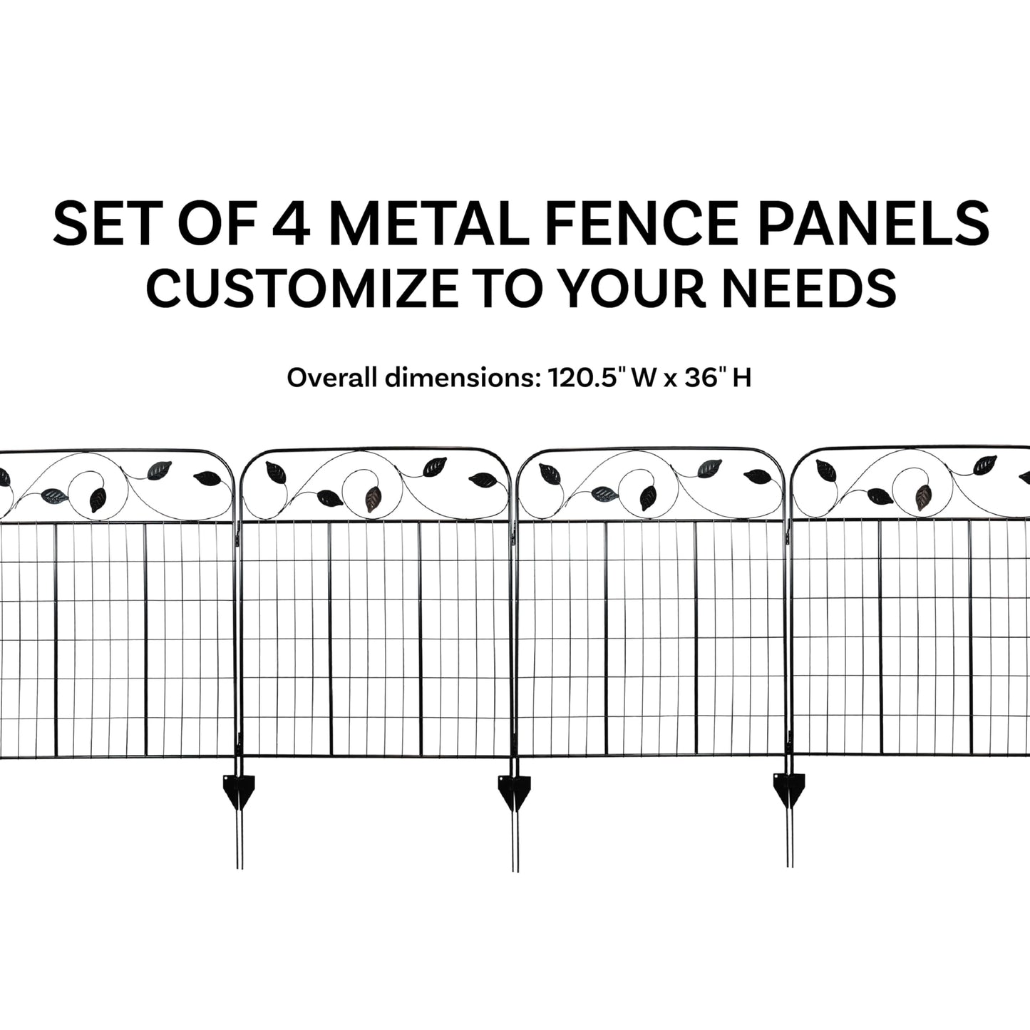 Sunnydaze Winding Vines 10-Foot 4-Piece Steel Decorative Garden Fence Panels - 30" W x 36" H Per Panel - Black