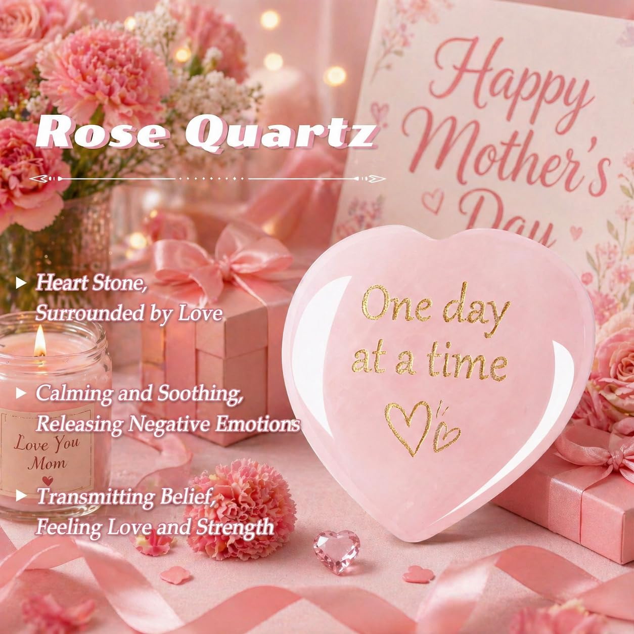 QINJIEJIE Rose Quartz Crystals Thinking of You Gifts for Women You Got This One Day At A Time Heart Worry Stones Sobriety Encouragement Mom Gift Heart Decor Pink Gifts for Women