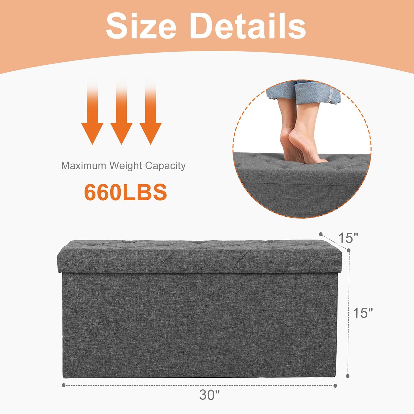 DUMOS 43in Storage Ottoman Bench, Storage Chest, End of Bed Foot Rest Stool with Padded Seat, Bedroom Bench for Living Room, Support 660lbs, Grey