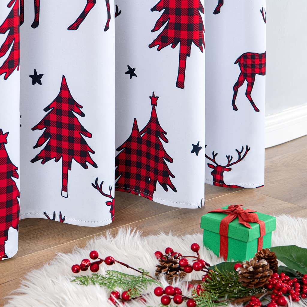 EMEMA Christmas Buffalo Plaid Curtains Reindeer Checkered Grommet Window Curtain Panels for Living Room Bedroom Decorative Window Treatment Curtains, 2 Panels, 52 x 84 Inch, Red and Black