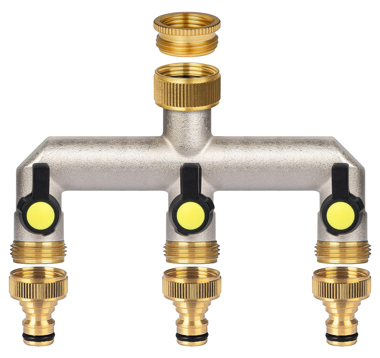 Anstore Garden Hose Splitter, 3/4" Water Hose Splitter 3 Way Heavy Duty with 3 Black Handle, Brass Nickel Plated Outdoor Faucet Splitter Water Spigot Splitter Manifold Rust and Freeze Resistant