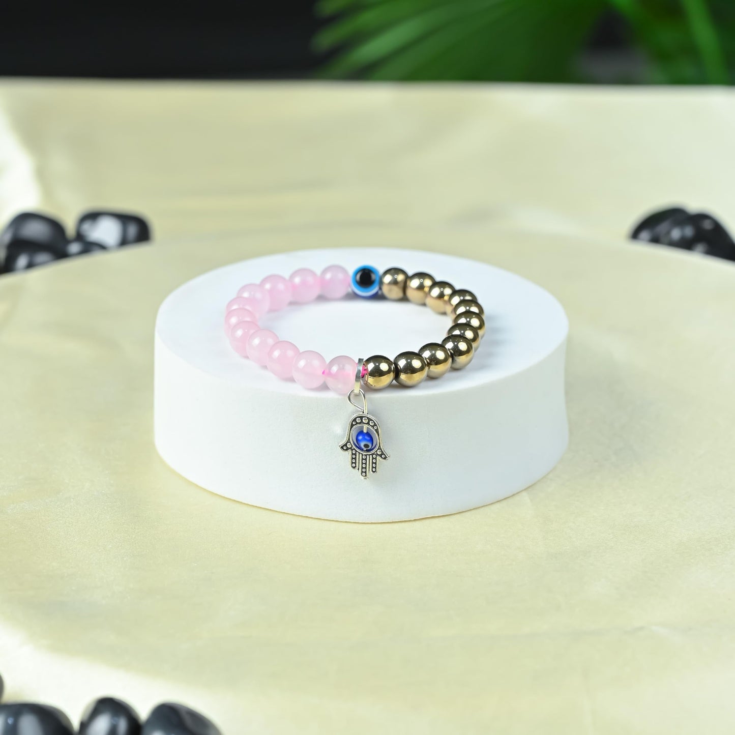 Crocon Pyrite and Rose Quartz Beaded Bracelet with hamsa symbol Healing Crystals & Gemstones Evil Eye Charm Beads Bracelet for Men & Women Birthday Mom Inspirational Gifts for Her 8mm Beads