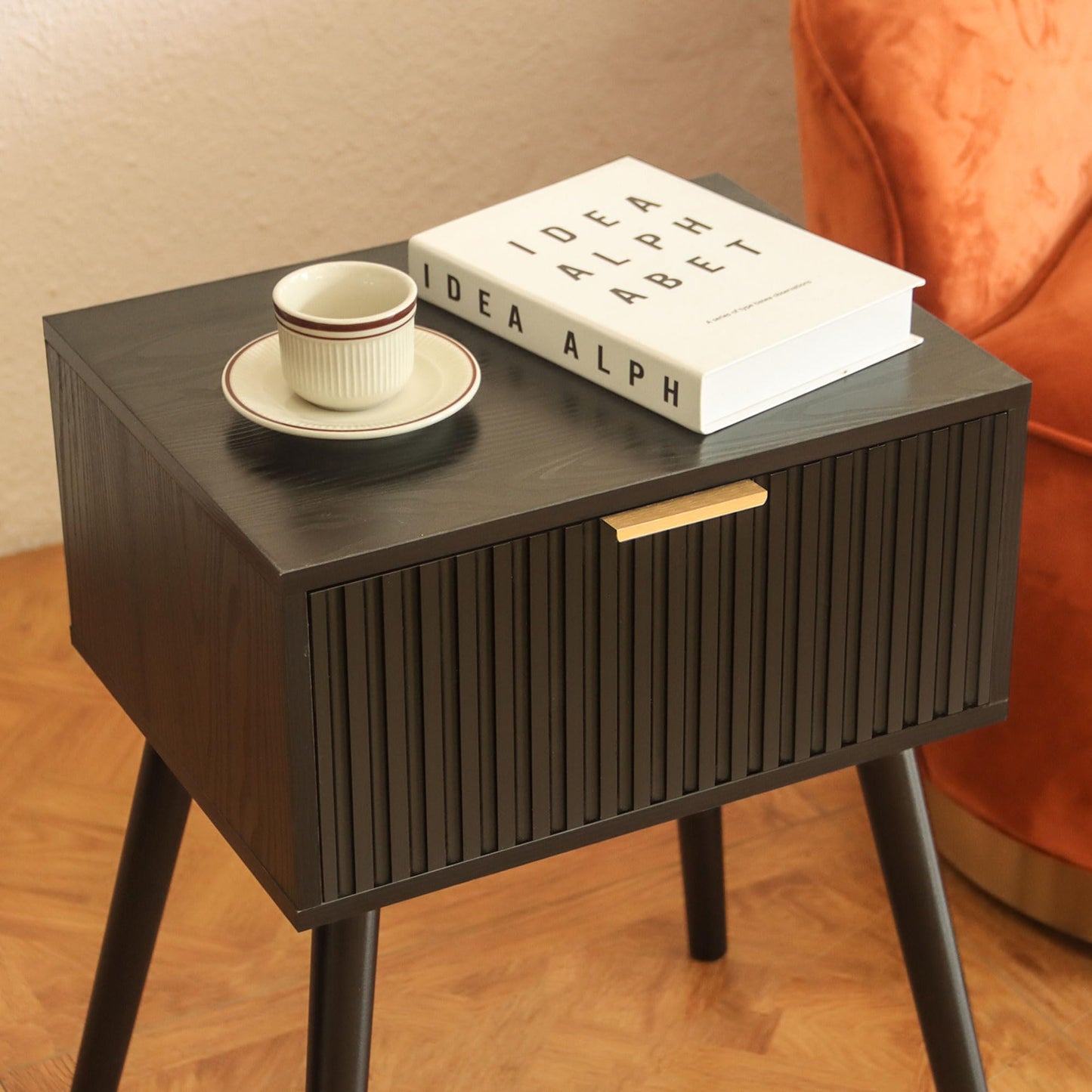 AWASEN Black Nightstand, Small End Tables Living Room, Accent Bedside Table with Fluted Drawer for Bedroom and Small Space, Black