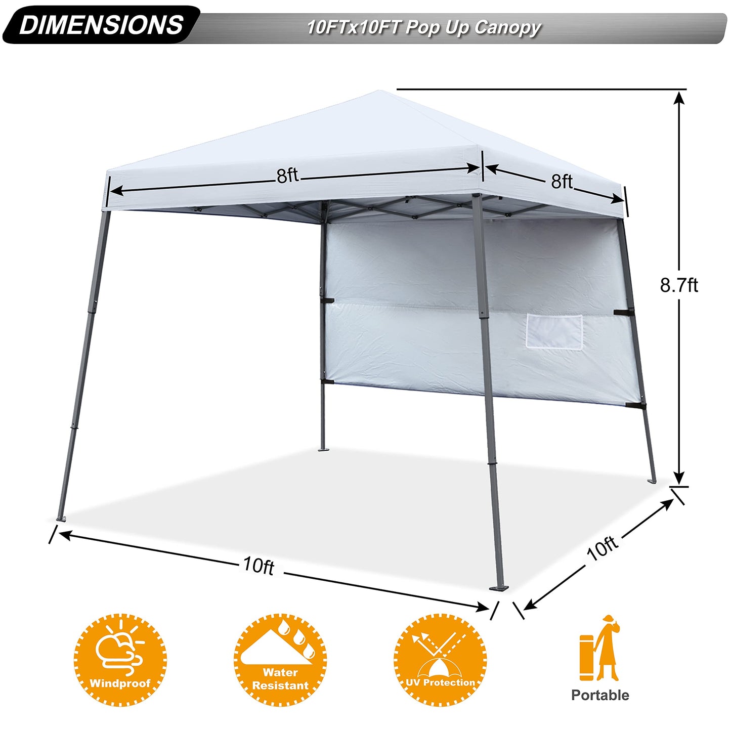 ABCCANOPY Pop Up Canopy Tent-10x10 Outdoor Camping Canopy Slant Leg Beach Canopy Tent with Backpack Bag,10 x 10 ft Base / 8 x 8 ft Top，White