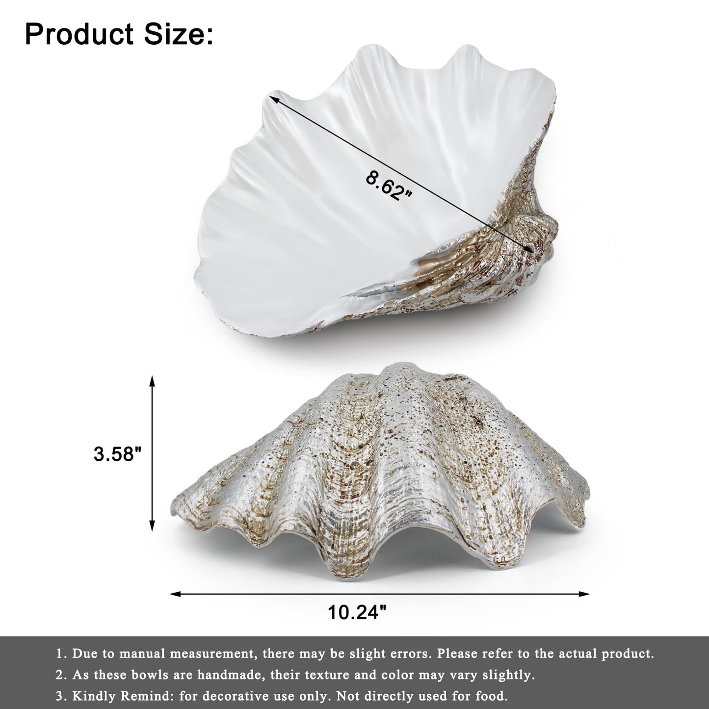 Afadorable Resin Seashell Decorative Bowl Large Clam Shell Storage Bowl for Coffee Table Centerpiece Home Kitchen Entryway Table Decor Beach Themed Wedding Party Decoration (Silver-Pearl White)