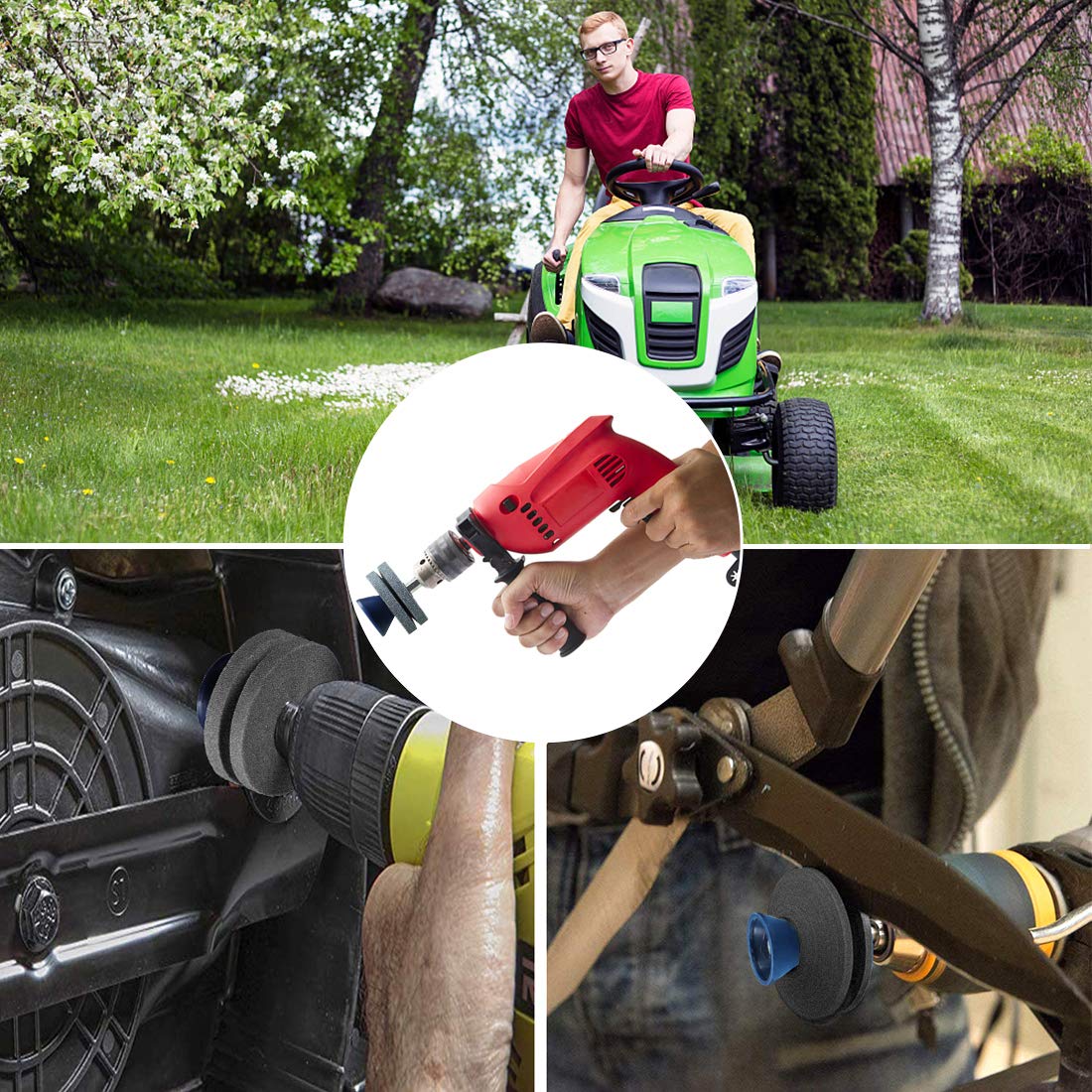 【NEW】Double Layer Corundum Lawn Mower Blade Sharpener, Universal Wear Lawnmower Blade Sharpener for Any Power Drill/Hand Drill, Double-Layer Grindstones Easy to Use and Not Easy Damage-(Gray)