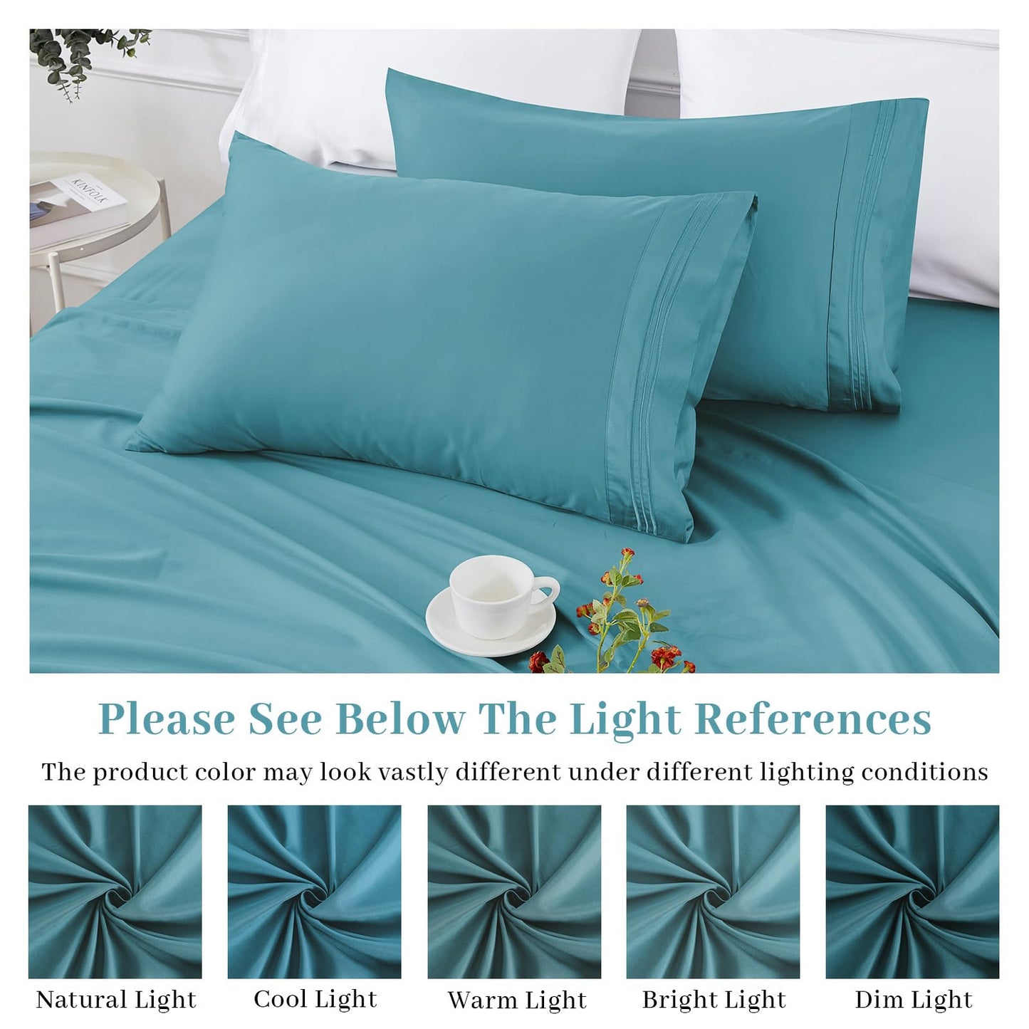 YIYEA Pillow Cases Standard Size Set of 4, Ultra Soft 1800TC Hotel Quality Double Brushed Microfiber Embroidered Pillowcases, Envelope Closure, Fade Resistant (20"x26", Teal)