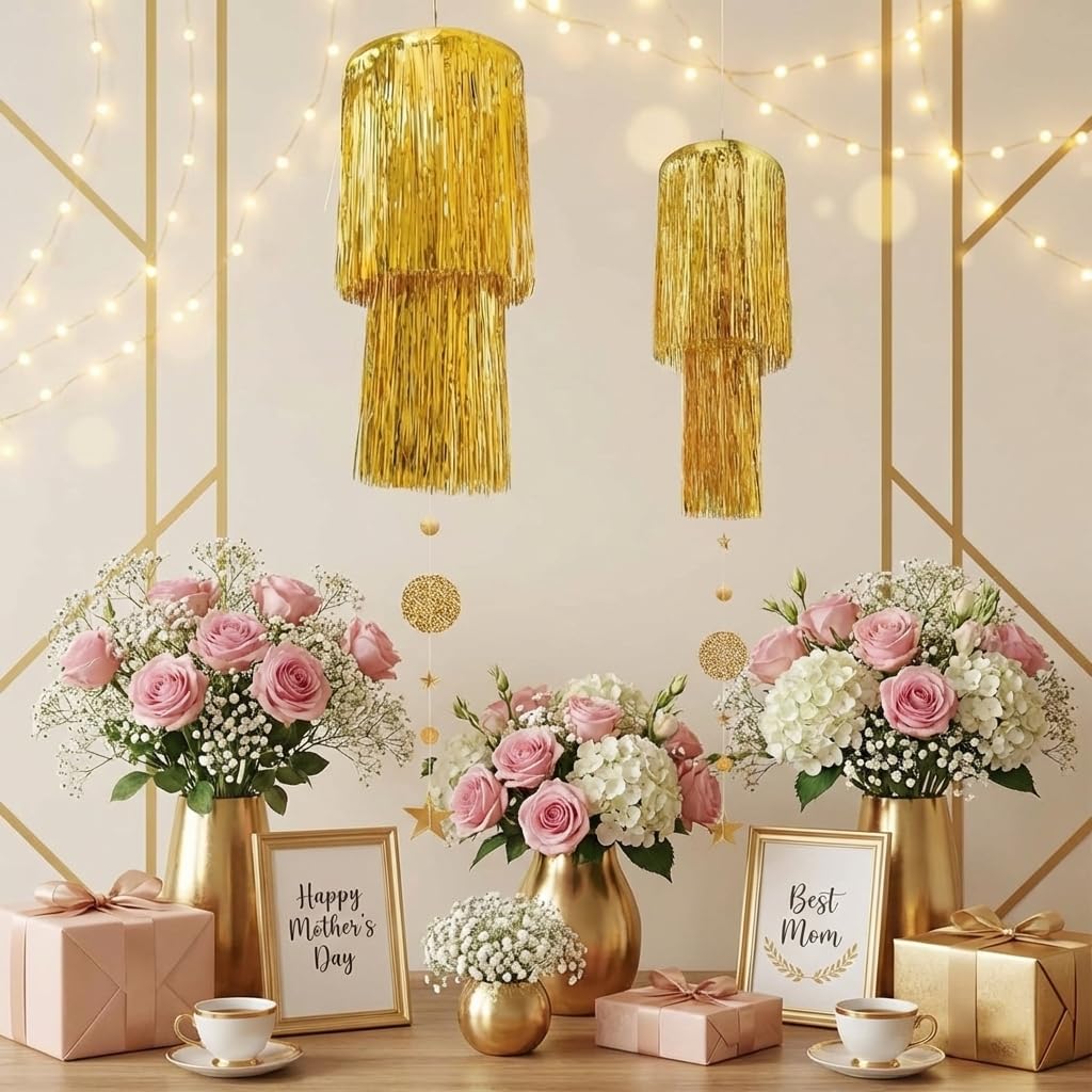 Cheerland Gold Tinsel Chandelier Mothers Day Party Decor 2 Tier Haning Fringed Circle Star Garland for Graduation Birthday Anniversary Bridal Shower Wedding Ceiling Best Mom Day Decorations Supplies