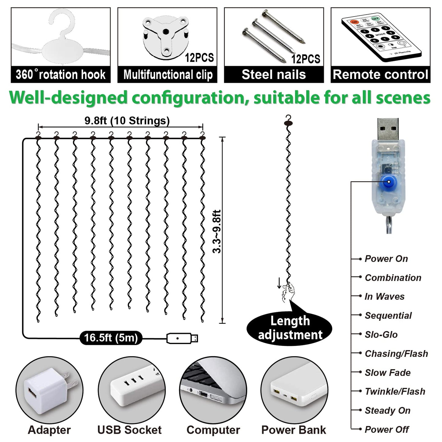 ZSJWL 300 LED Curtain Fairy Lights with Remote, 8 Modes 9.8 × 9.8 Ft Curtain String Light USB Plug in, Twinkle Silver Wire Lights for Bedroom Window Chrismas Wedding Party, Warm White