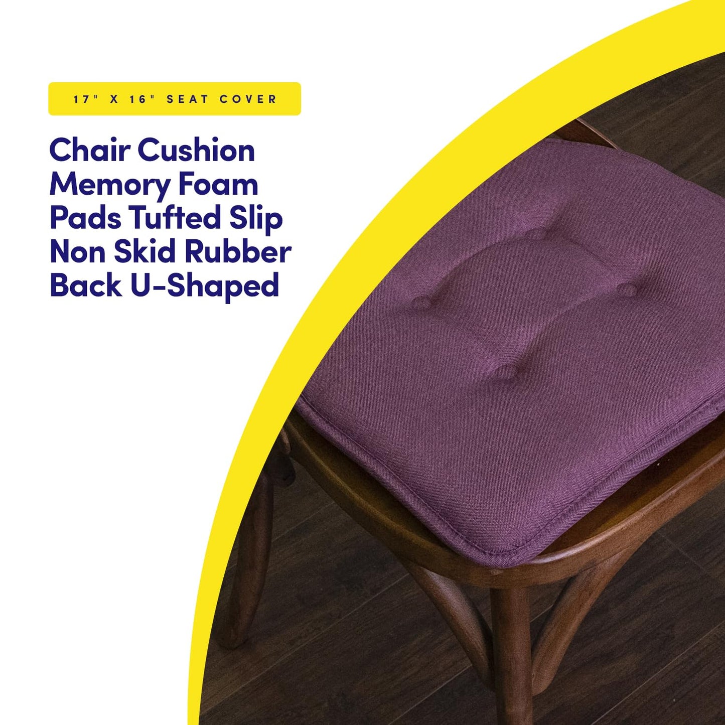 Sweet Home Collection Chair Cushion Memory Foam Pads Tufted Slip Non Skid Rubber Back U-Shaped 17" x 16" Seat Cover, 4 Count (Pack of 1), Purple