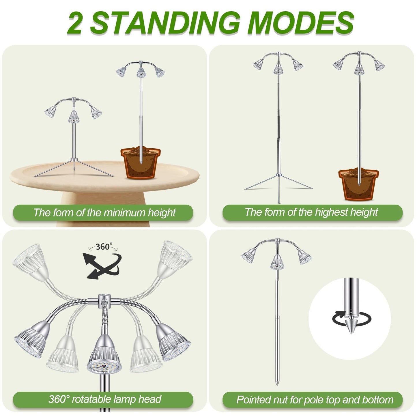 Avolend Grow Lights with 3 Heads for Indoor Plants, 10-55 Inches Height Adjustable Aluminum Alloy, Full Spectrum Plant Growing Lamps with Detachable Tripod Stand, Auto On/Off Timer